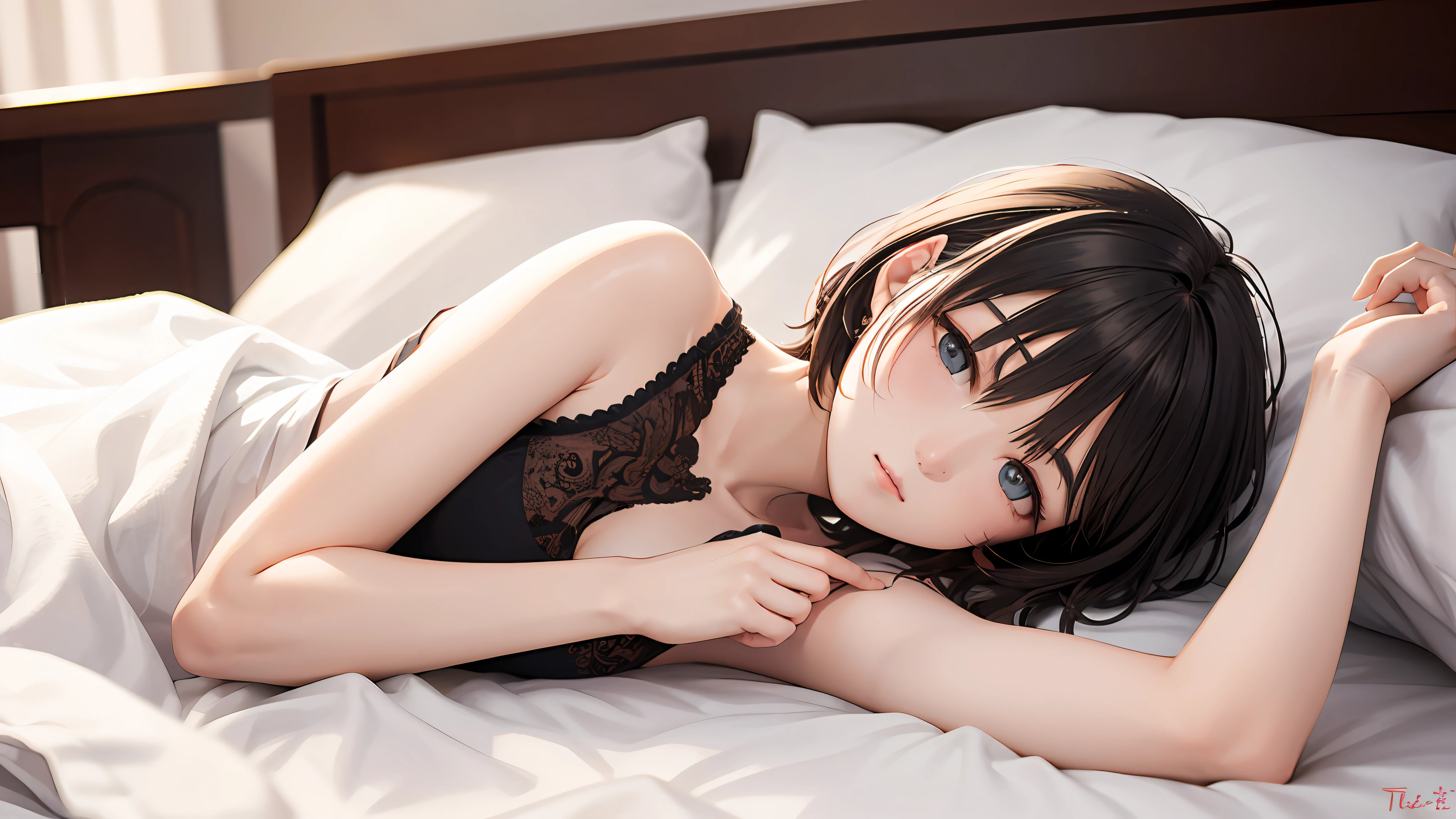 one-girl，tmasterpiece，The best quality，The is very detailed，Lie flat on the bed，short detailed hair，prette