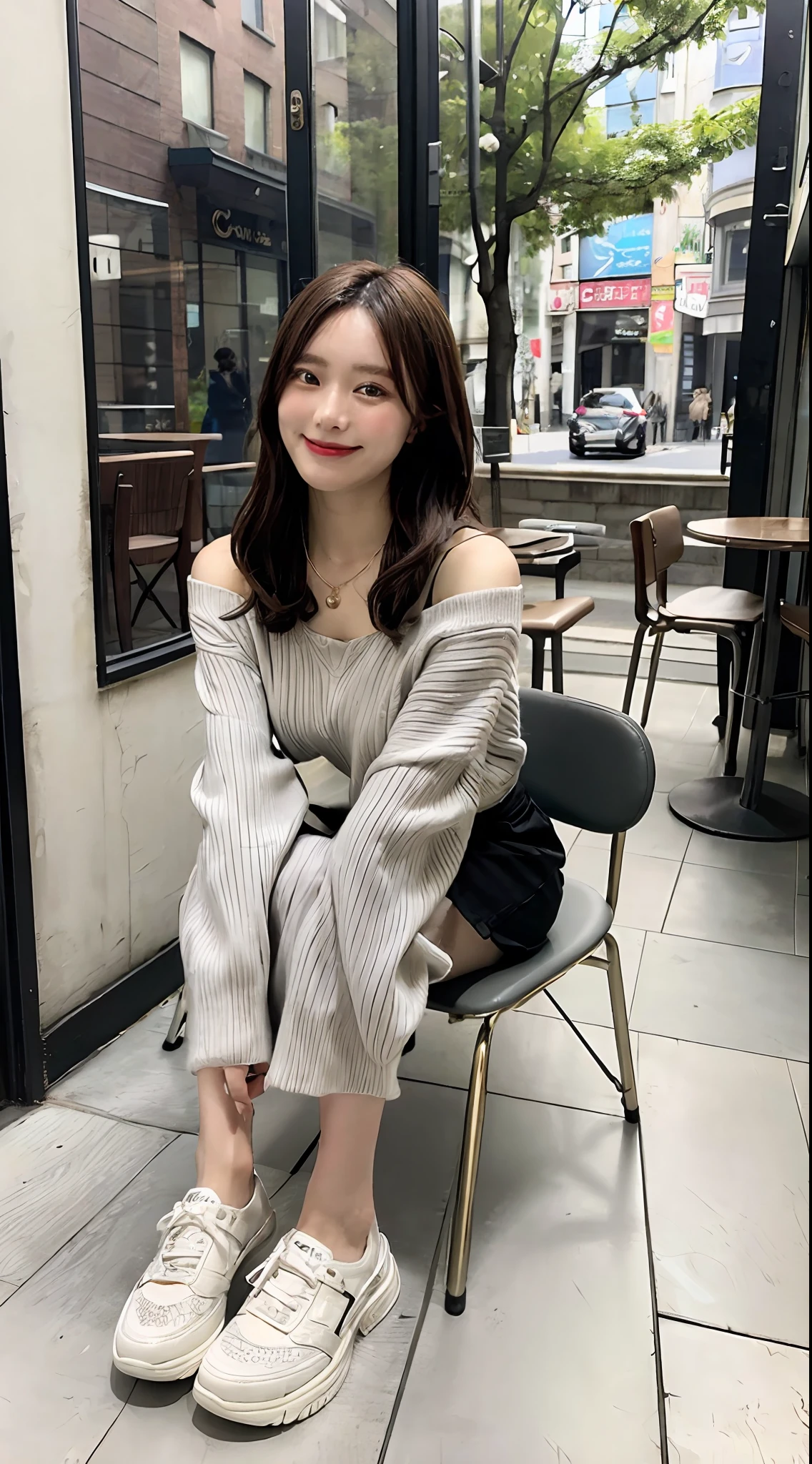 8K UHD、Digital SLR、film grains、Fujifilm XT4、(top-quality:1.3)、(masterpiece:1.1)、hight resolution、Cinematic Light、intricate detailes、(Photorealsitic)、Outside、Beautiful outside、Sunny、
japanaese girl、(cafes:1.5)、Dimples、Look at viewers、detailed trees、bare shoulders、Ribbed sweater、
pencil skirts、high waist skirt、head rest、sitting on、in a house、
a necklace、sheet transportation sweater、(A smile)、(full body Esbian:1.6)、A slender、