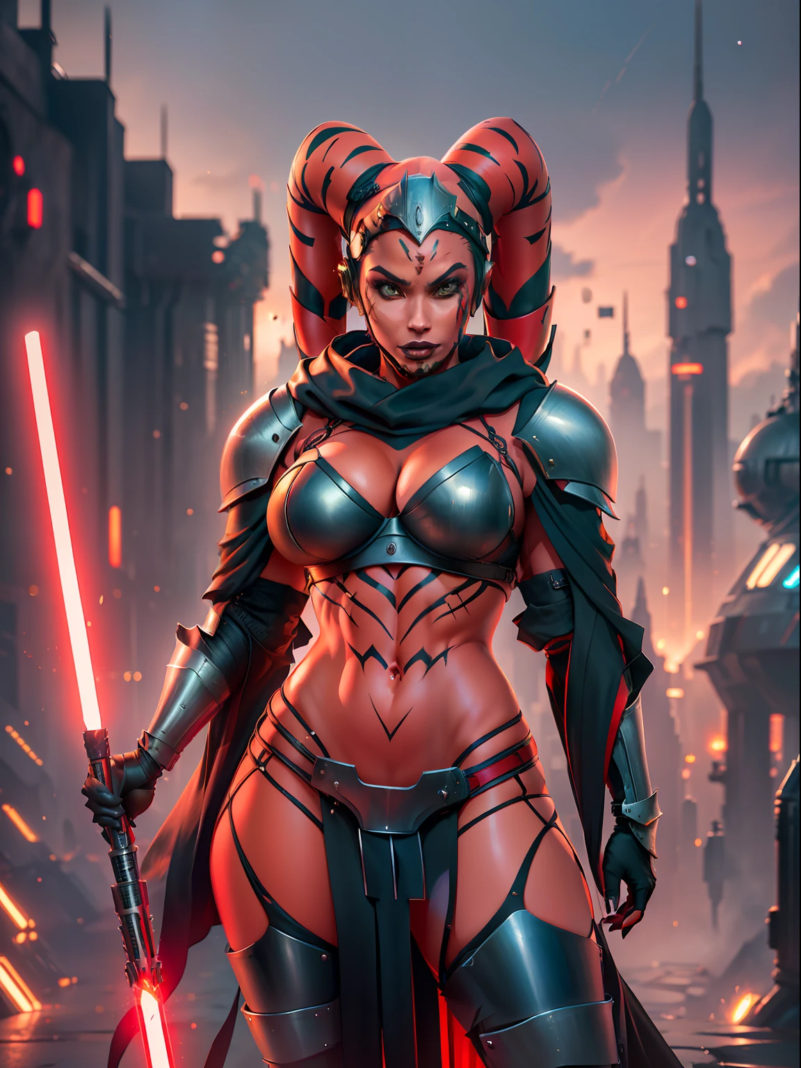 (red skin, twi'lek), red lightsaber, evil space knight, space ninja, space samurai, (black robes, cowl, cloak, straps, buckles, skirts, long sleeves, fantasy, ((futuristic knight armor))), (slender body, thin, slim sexy body),