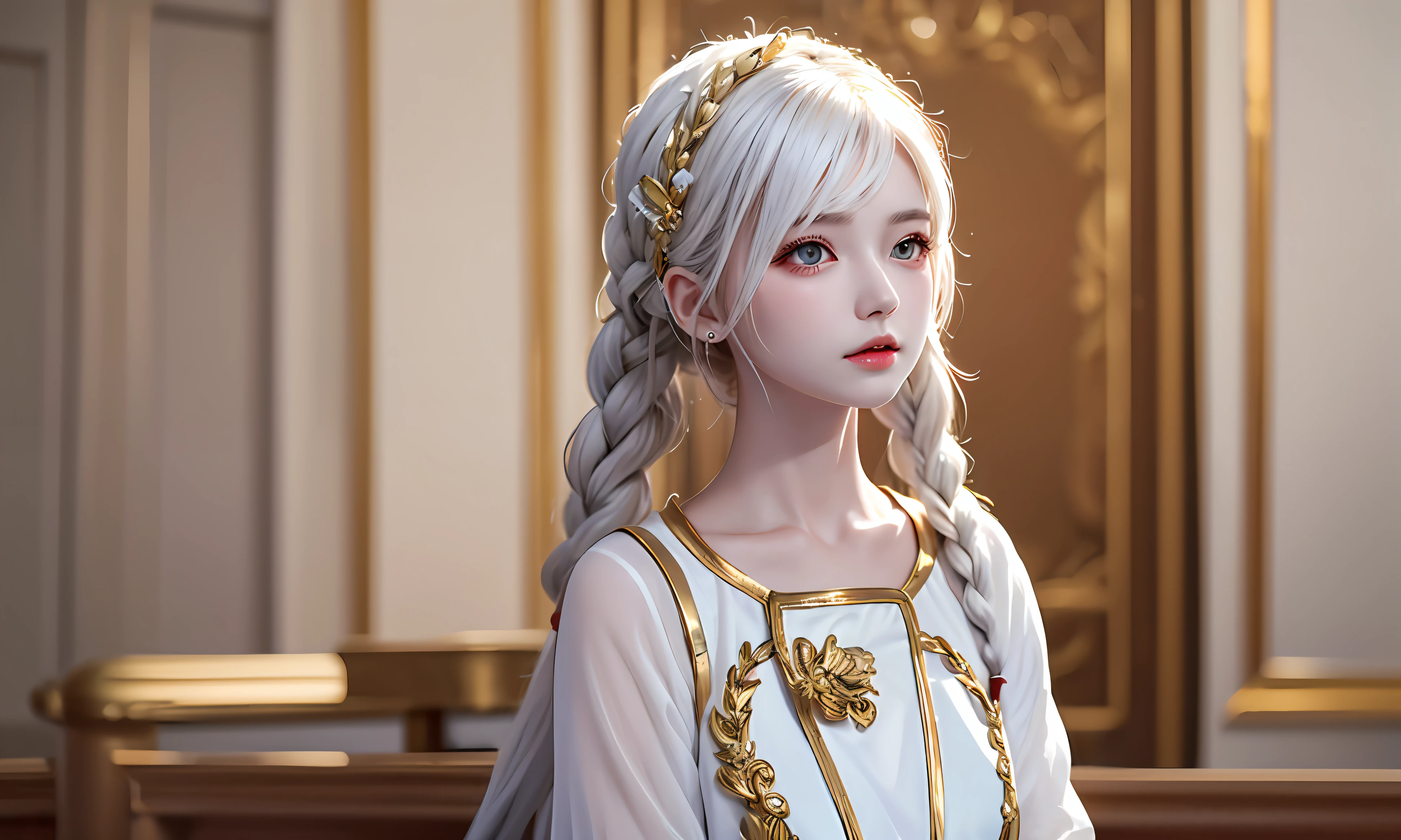 best quality, masterpiece,white hair, gold eyes,white clothes, looking up, upper body,hair strand,Fair skin,side braids