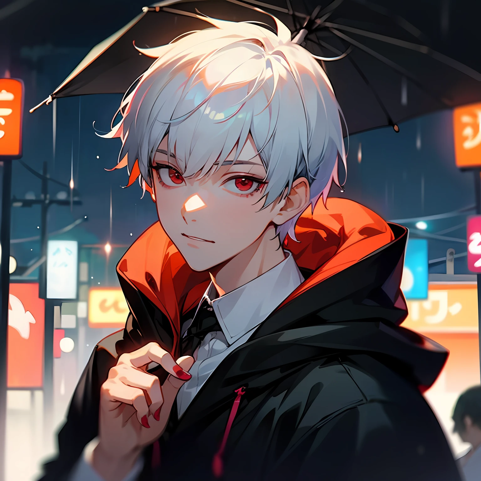 kk, best quality, more details, masterpiece, 1boy, kaneki ken, portrait, male focus, red eyes, solo, bangs, looking at the audience, hood, short hair, rain, tokyo tokyo \(city\), hood, nail polish, white hair, luxury, 8k, detail, ray tracing, depth of field, movie lighting, --auto