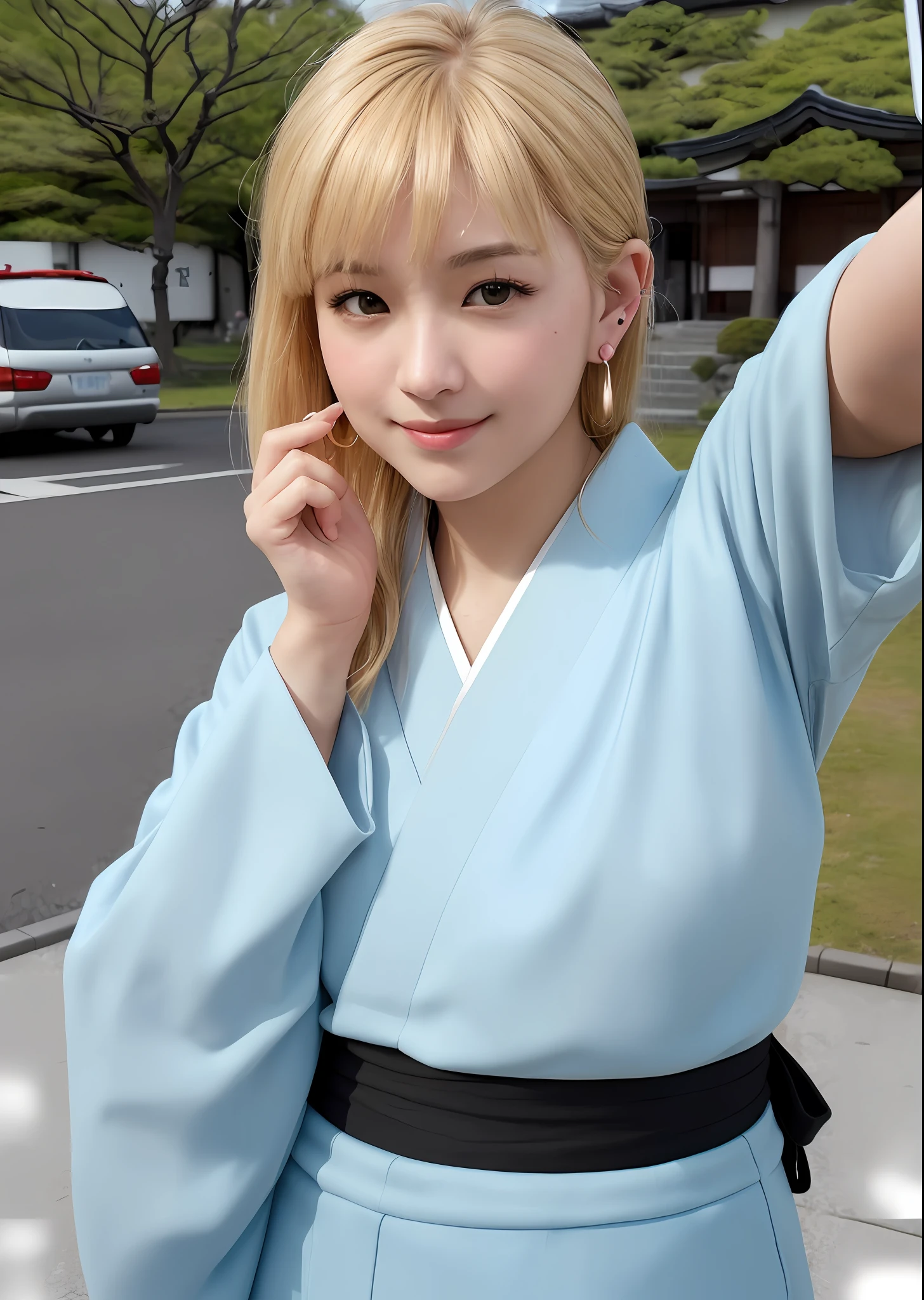 best quality, masterpiece, beautiful face with tiny lips, (photo photo-realistic:1.3), edge lighting, (high detail skin:1.2), 8k ultra hd, DSLR, high quality, high resolution, 72k, bokeh, realistic edit, realistic finger, gorgeous kimono, ((1girl), (long ponytail hair, blonde hair, front bangs), (cute face,beautiful face, simetric face, japan artist face,(earing)), (small body, short),  ((park), (cute pose, selfie, wide angle))