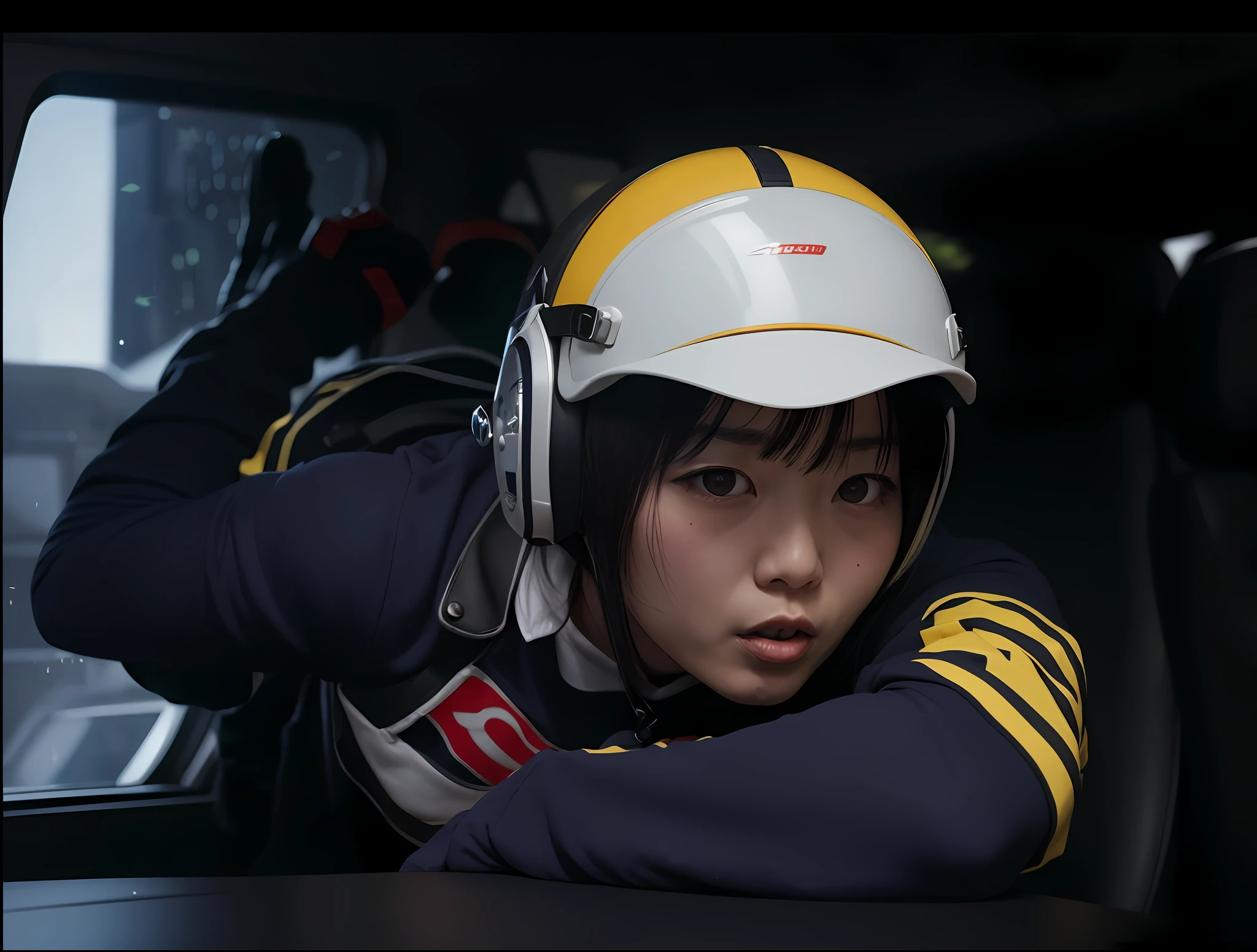 Close-up of a Japanese woman wearing a helmet and a black suit on a spaceship, The expression is serious,live-action movie scenes, sci - fi pilot, scifi style ,vhs screencap, from akira ( 1 9 8 8 ) Style, still from live action movie, Inside the future fighter, point of view of visor wearer, movie screencap, inspired by Yasutomo Oka