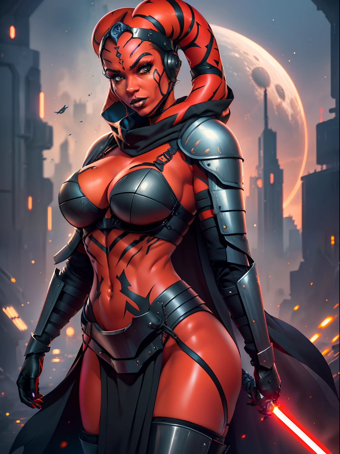 (red skin, twi'lek), red lightsaber, evil space knight, space ninja, (black robes, black armor, cowl, cloak, full-body armor, straps, buckles, skirts, long sleeves, fantasy, ((futuristic body armor))), (busty, slender body, thin, slim sexy body, slim waist),