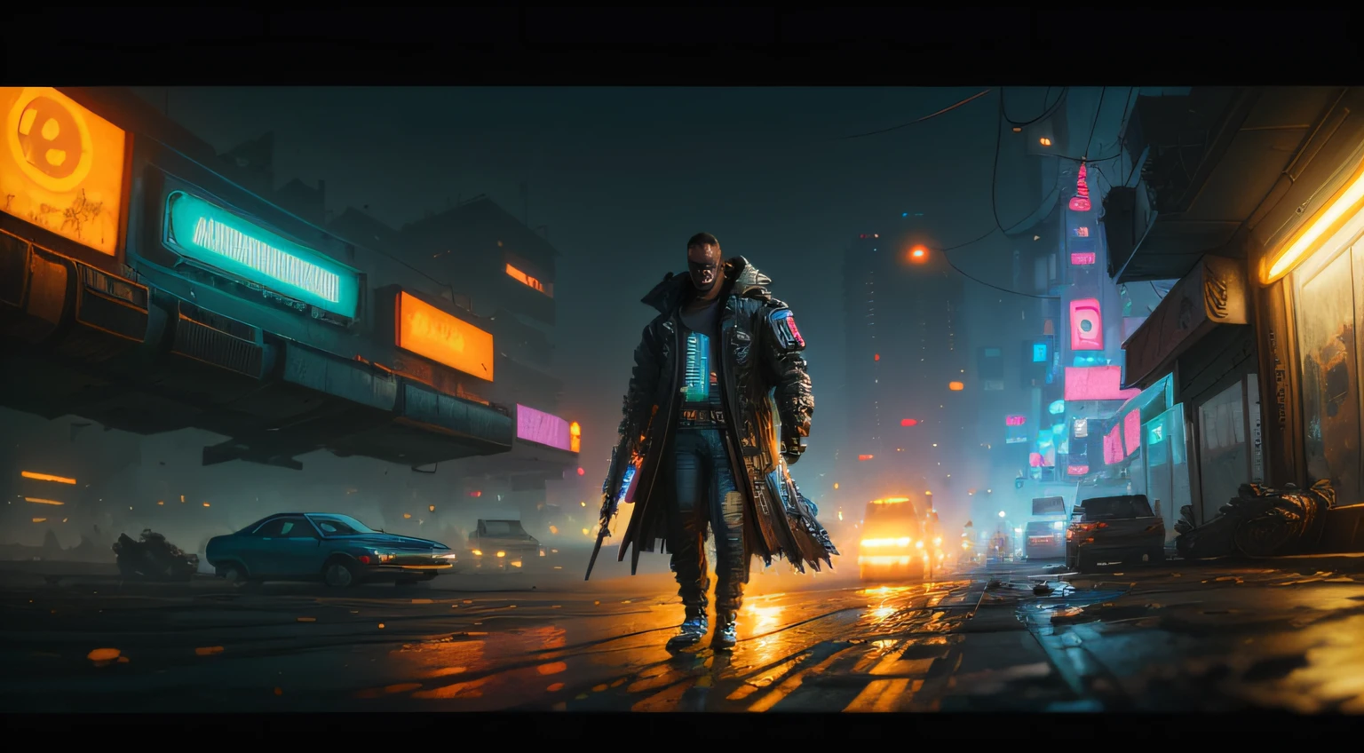 cores abstratas, textura, grain of film, poros da pele: 0,1 intricate dramatic portrait of a (cyberpunk) 1,2 (cyborg) 1,3 robocop androide usando terno parado em uma movimentada e chuvosa rua movimentada da cidade de cyberpunk, foggy morning, still cinematic film frame, blade runner 2049, estilo de cabelo punk, carbono alterado, (estilo 1.3 (grain of film) 1.3, stephan martiniere Wadim Kashin Simon Stalenhag michal karcz ismail inceoglu --auto