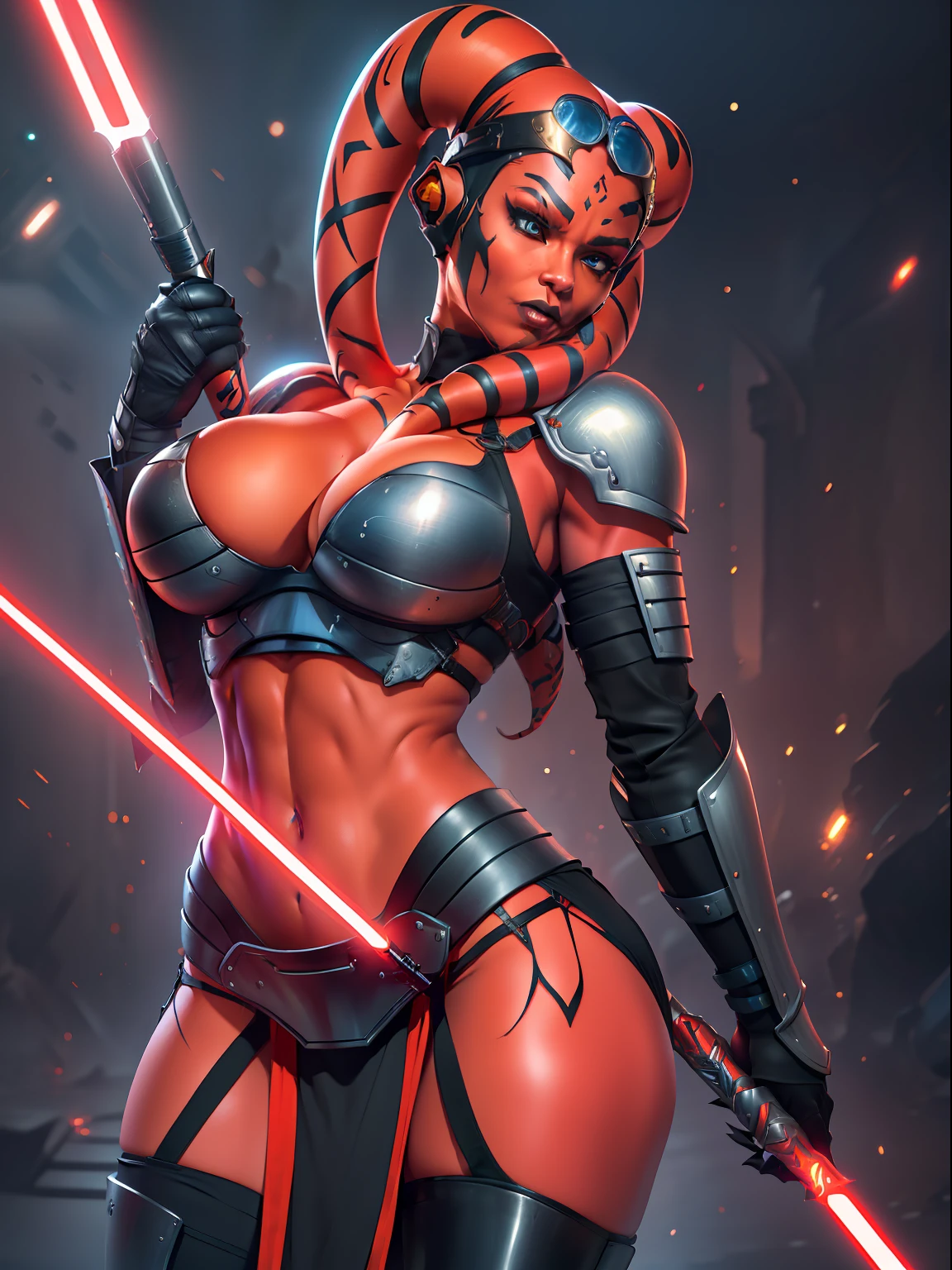 (red skin, twi'lek), red lightsabers, evil space knight, space ninja, (black robes, straps, buckles, skirts, long sleeves, fantasy, futuristic body armor, ((armor))), (busty, athletic, slender body, thin, slim sexy body, slim waist),
