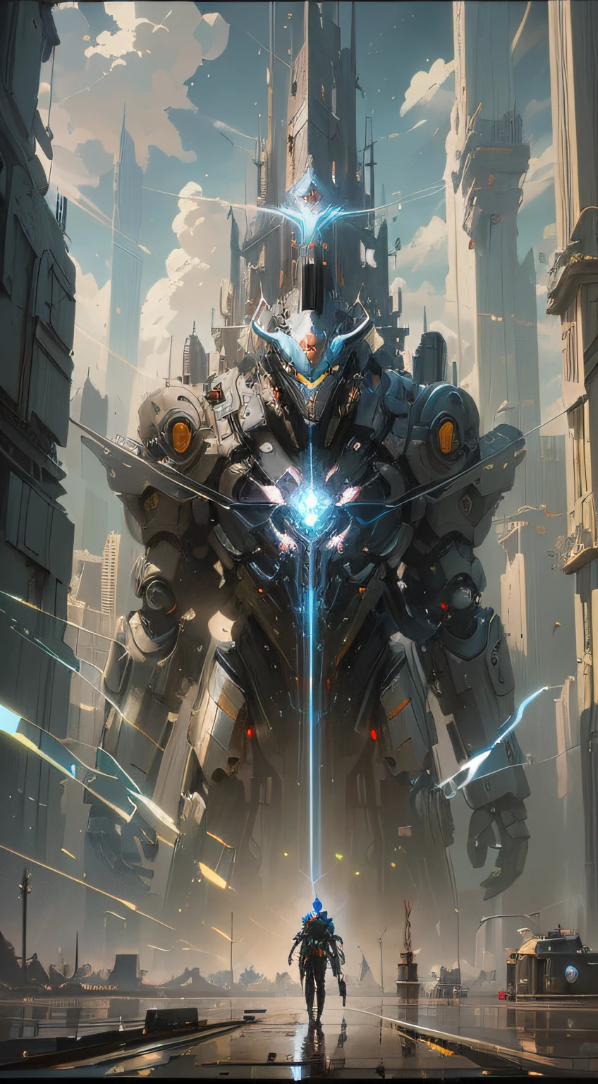 Anime - a huge robot style artwork,A man stood in front, High quality digital concept art, bastien grivet, award winning concept artist, arstation and beeple highly, epic fantasy sci fi illustration, author:Jeremy Chang, Epic digital concept art, Peter Mohrbacher. illusory engine, artgem and beeple masterpiece --auto
