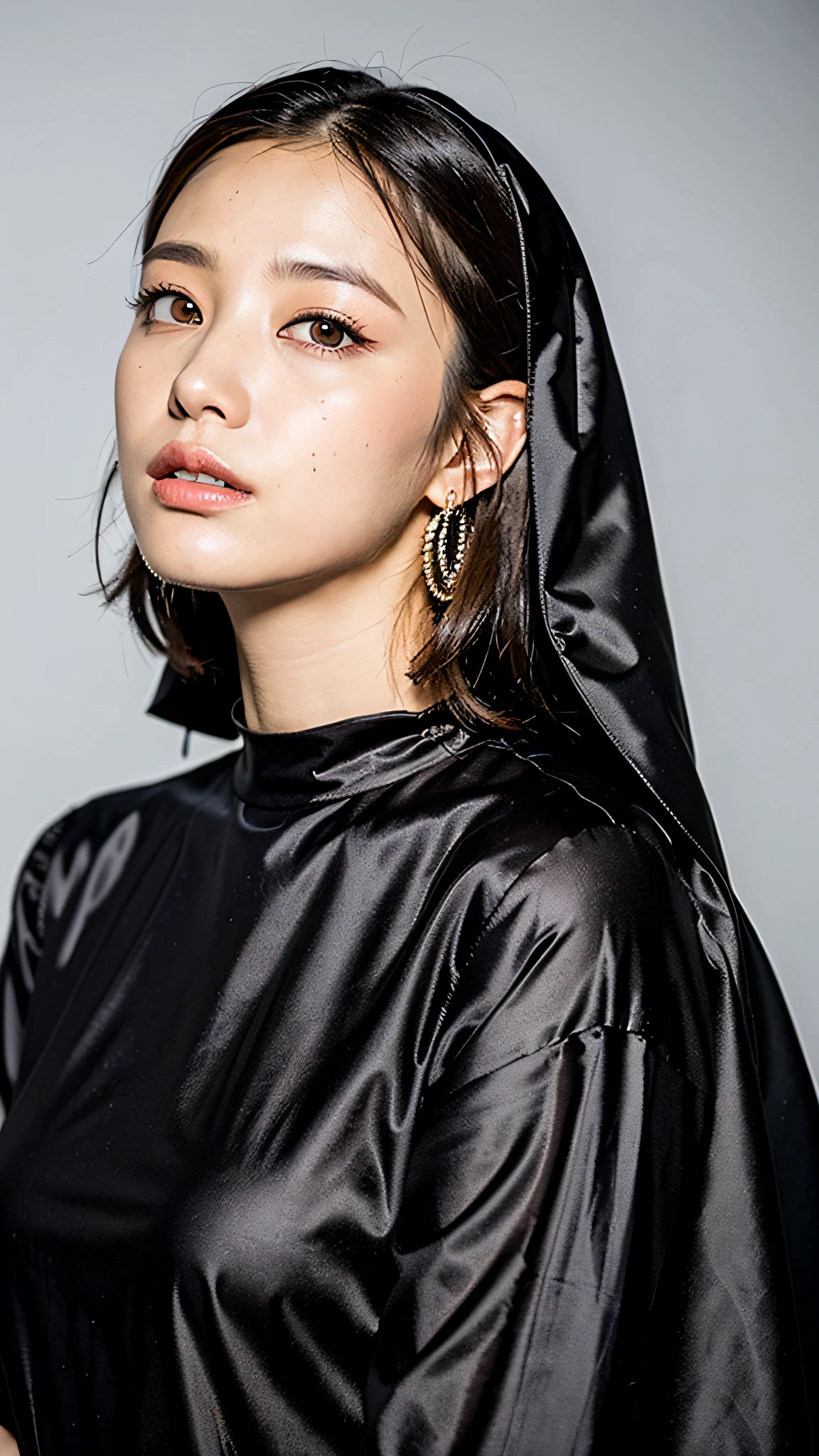 (best qualtiy,8K,32K,tmasterpiece,hyper HD:1.2),Beautiful woman,Bedrooms,Hair coiled,The upper part of the body,sface focus,Nun dress,Chest covering,neck rings,simple backgound,looking up the lens,A look of grievance