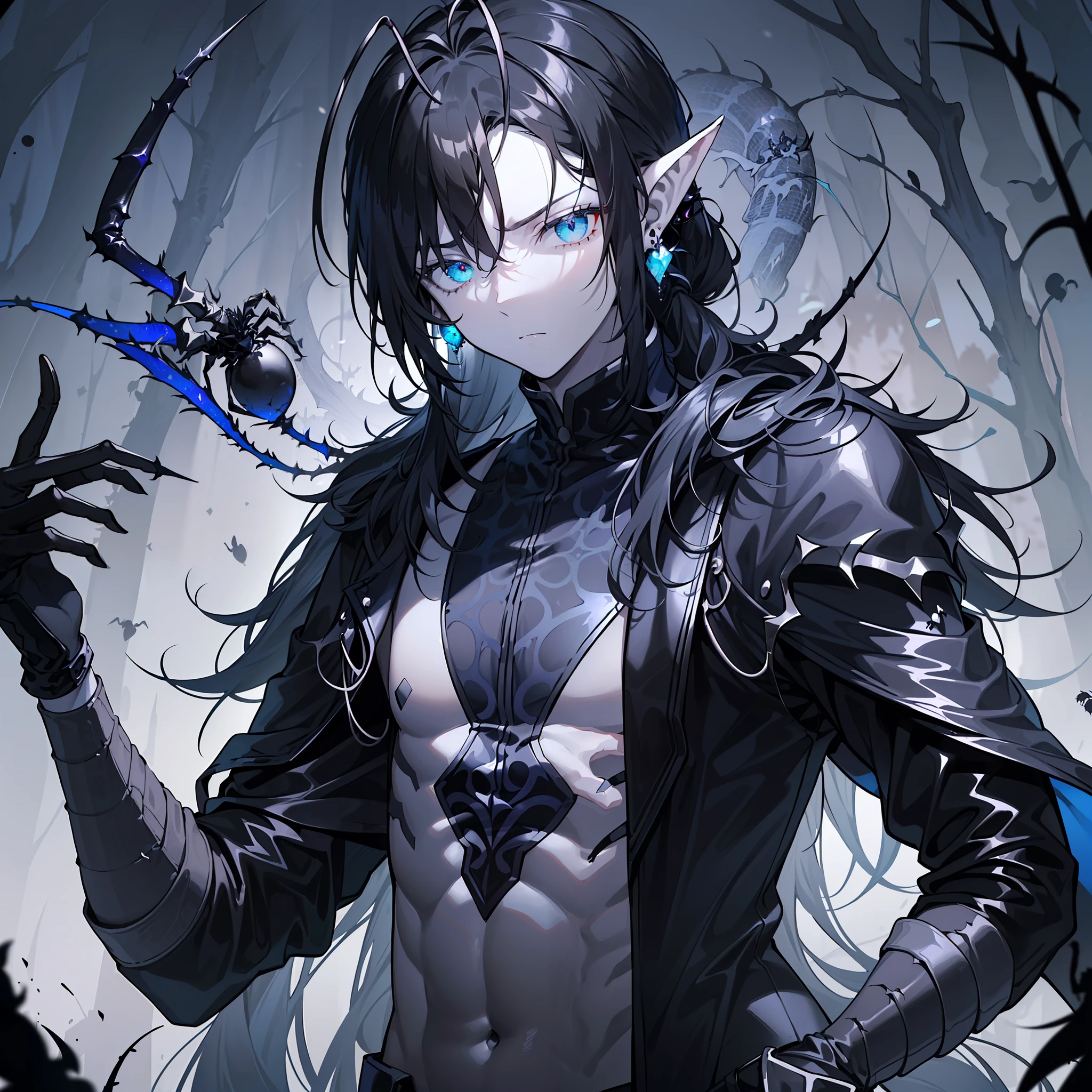 ((young man)), (((male))), guy, slim body, (((flat chest))), (((one person))), ((single)), solo, (((he has black colored hair))), (((pitch black colored hair))), (straight hair), (((high ponytail))), (((dark blue colored eyes))), ((a few black colored scales on the skin)), (((grey colored skin))), ((pointy ears)), (((black spider legs on shoulders))), (((black spider legs))), (((black colored antennae on head))), ((black antennae)), (((black colored feelers on his head))), ((spiders in the background)), (((the man has pitch-black colored hands))), ((his hands are black)), (black gradient on his skin), (((fantasy style))), magic, (((wearing black and dark brown colored clothes))), (((dark blue details))), (((dark blue colored details))), (((silver colored accessories))), (((silver details))), standing in a dark pine forest, black colored patches on the skin, ((fantasy patterns on clothes)), ((magical patterns on clothes)), serious expression, (spiders), black colored gloves
