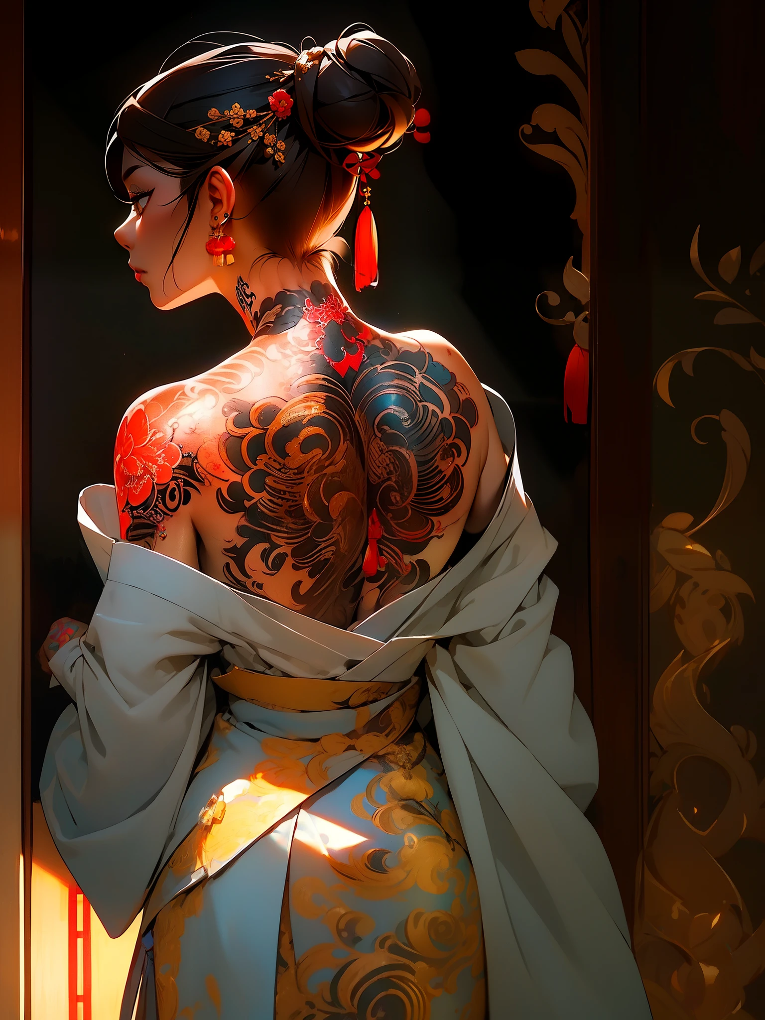 (masterpiece best quality:1.4),1girl, (tattoo of chinese text:1.5), solo, back tattoo, hair flowers, long hair, blue eyes, looking at viewer,back tattoo,tattoo,looking back, from behind, black hair, tassel, bare shoulders, hanfu, chinese clothes,back, bangs, upper body, earrings, indoors, nape, off shoulder, jewelry, eyelashes, lips, back focus, profile, hair bun, sliding doors, piercing, single hair bun,