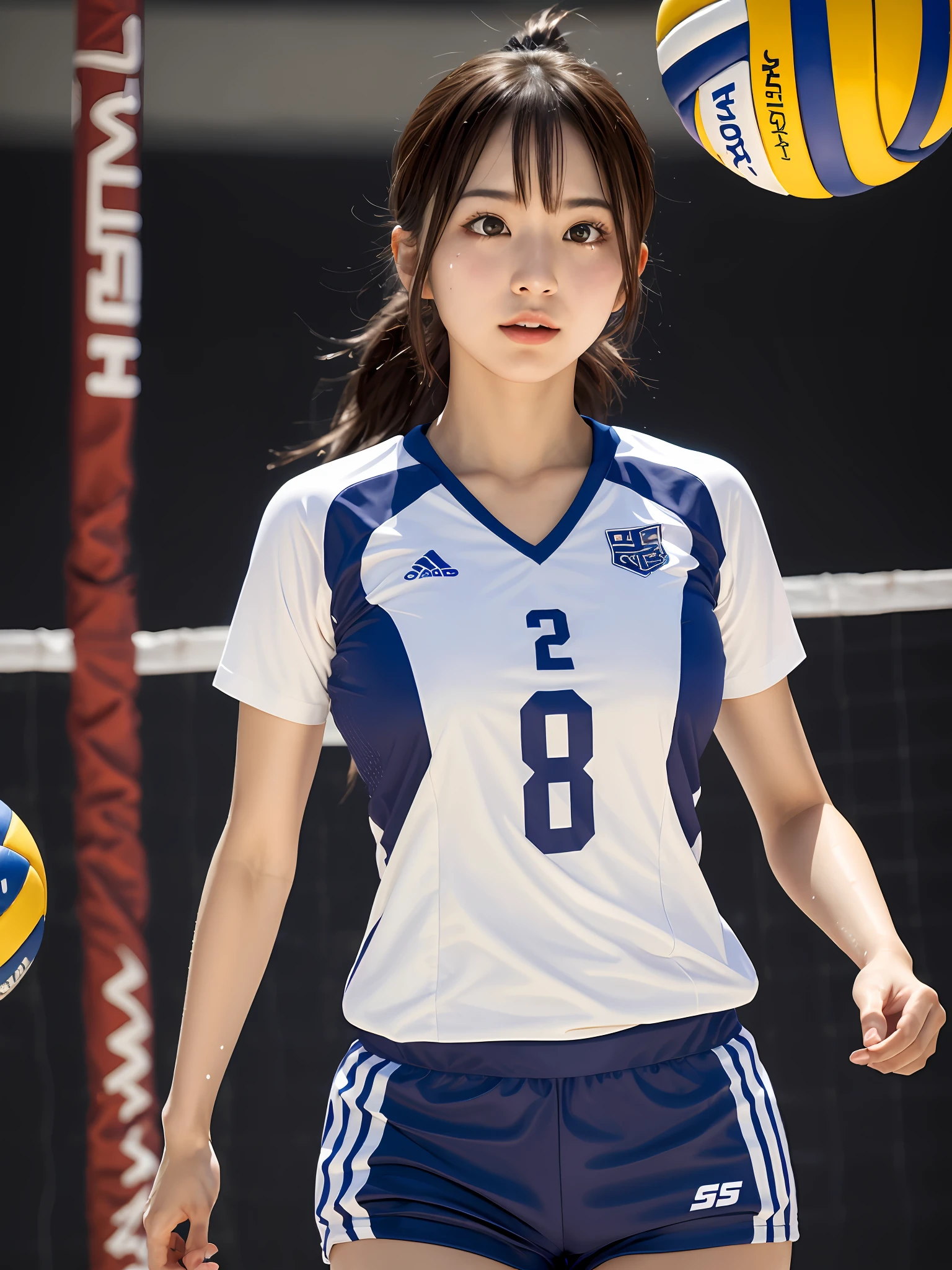 8K,RAW portrait of japanese girl,Photorealistic,超A high resolution,Best Quality,8K, masterpiece, Textured skin, Super Detail, high details, High quality, hight resolution、Korean Idol、Nogizaka Idol、hposing Gravure Idol、(Young girls:1.3),(Looking away:1.3)
BREAK
(Volleyball player,Volleyball uniform:1.1),Indoor,(Soft breasts),sport short pants,(dynamic compositions:1.1),(Sweat,Shiny skin:1.2)
BREAK
(Natural Skin Texture,Detailed skin, Hyper-Realism,ultra sharpness),Intricate details,depth of fields,(Bright lighting:1.2),、Korean Idol、Nogizaka Idol、hposing Gravure Idol、