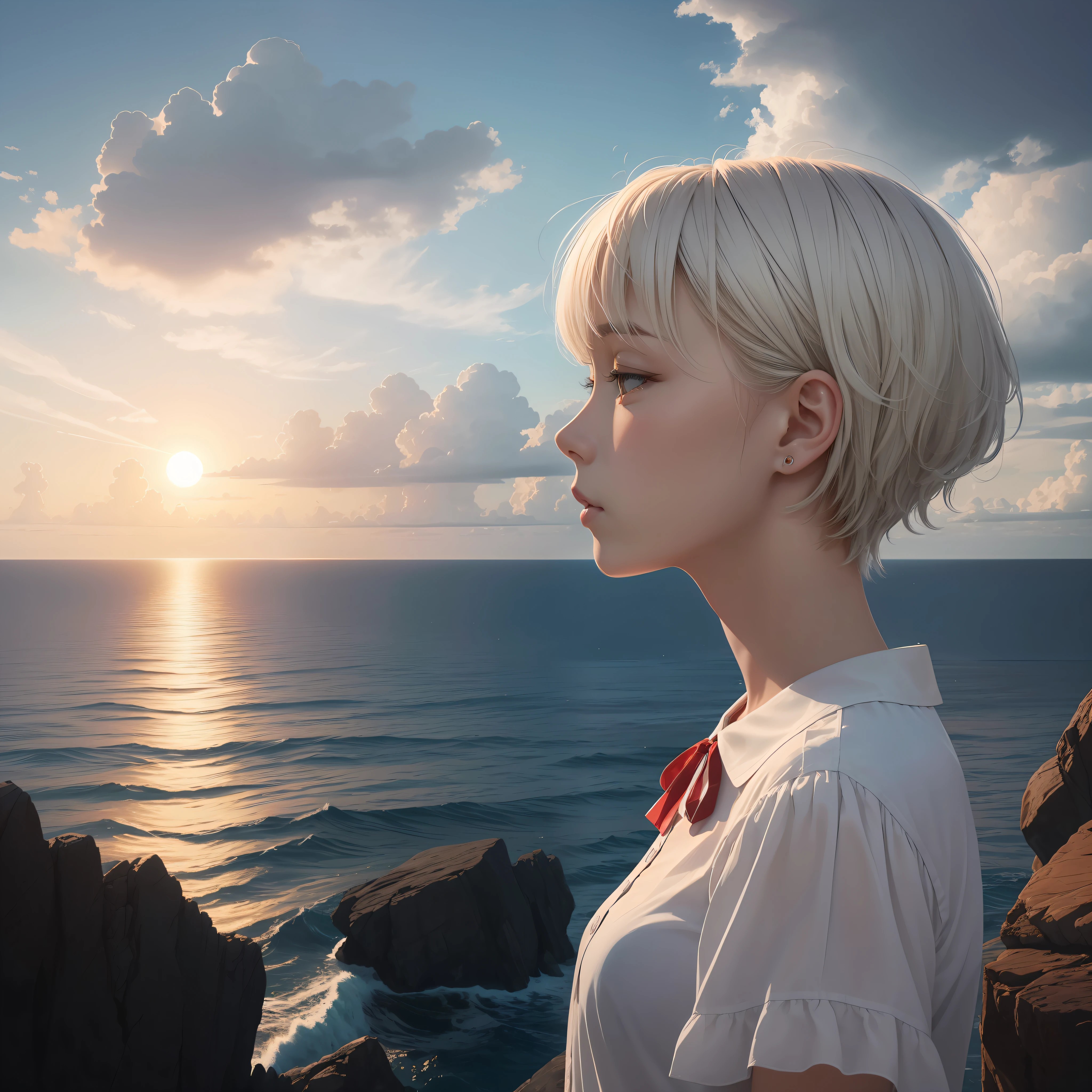 The -yeld giwears a red and white blouse，Slightly short hair，White hair gently blows，The gentle sun and the breeze of the sea mingle，The clouds change，The viewing angle is viewed from the side，Based on surrealism，Incorporate stereoscopic drawings and stereoscopic effects，Nuanced shadow relief，Eight K resolution of the atmosphere，Extreme detail and picture accuracy，It is the best quality picture。 --auto