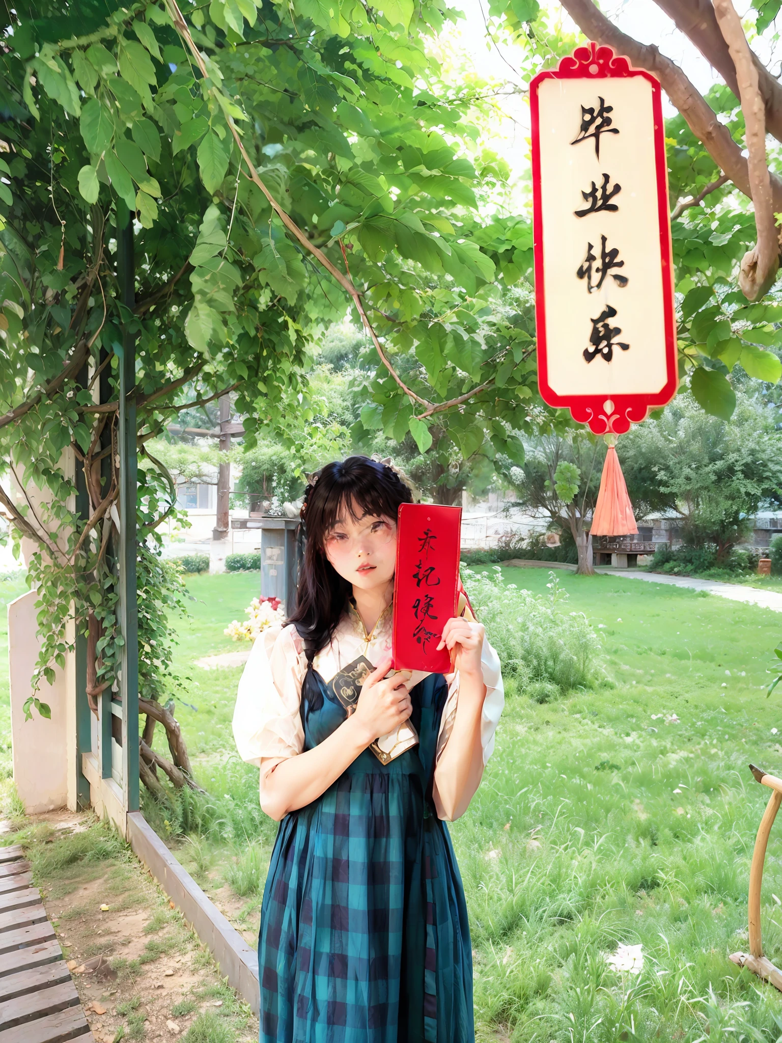 There was a woman holding a red couplet in her hand。, Wearing a blue strap dress, Chinese girl, with acient chinese clothes, Standing on the grass in Chinese style