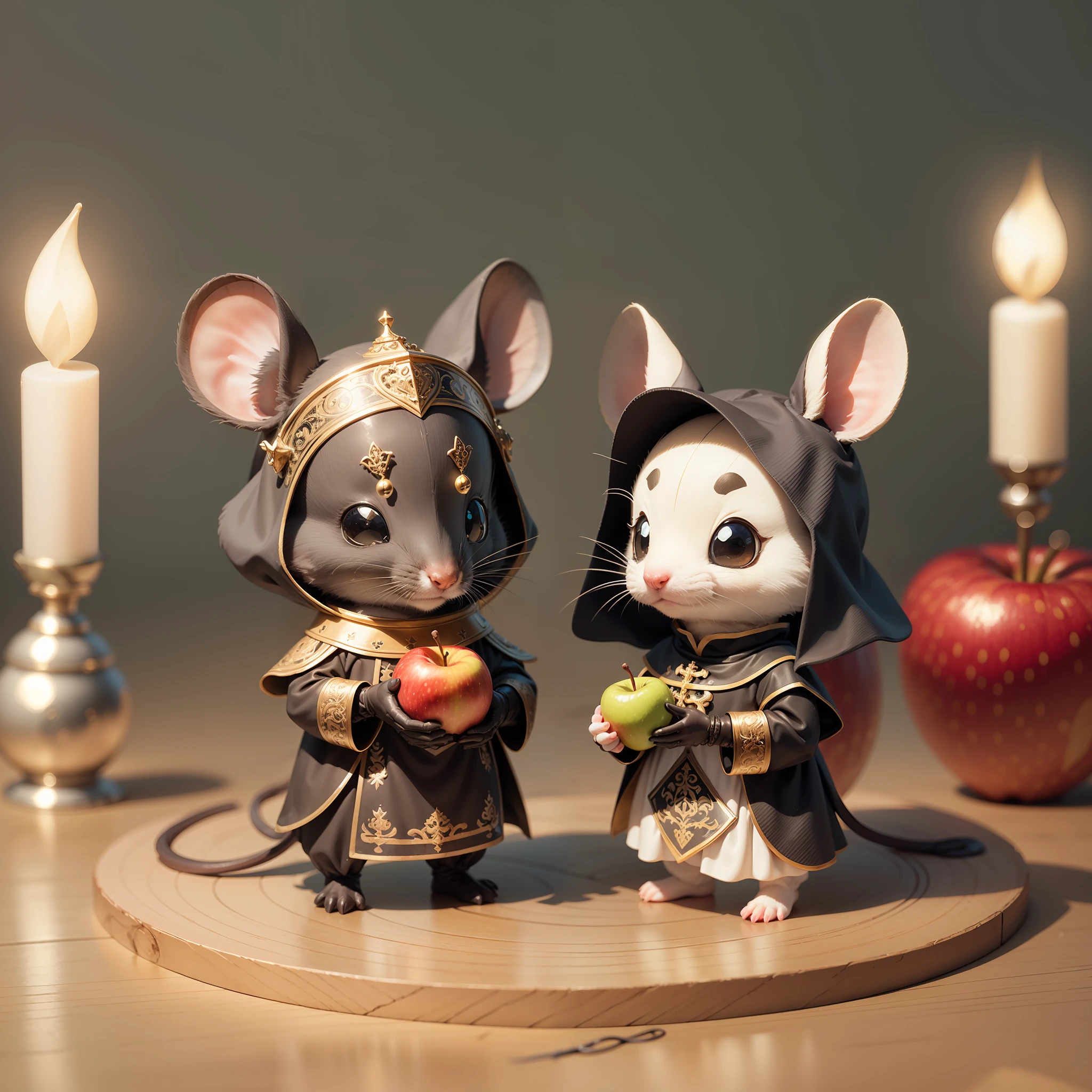 A mouse in medieval monks cassock, holding an apple, (cute, animated style), (extremely detailed CG character design, masterpiece, best quality, ultra-detailed),(best illumination, best shadow, an extremely delicate and beautiful), blind box figurine, high resolution, dynamic pose, multicolor, unique features, intricate details, creative concept, display base, shiny finish.