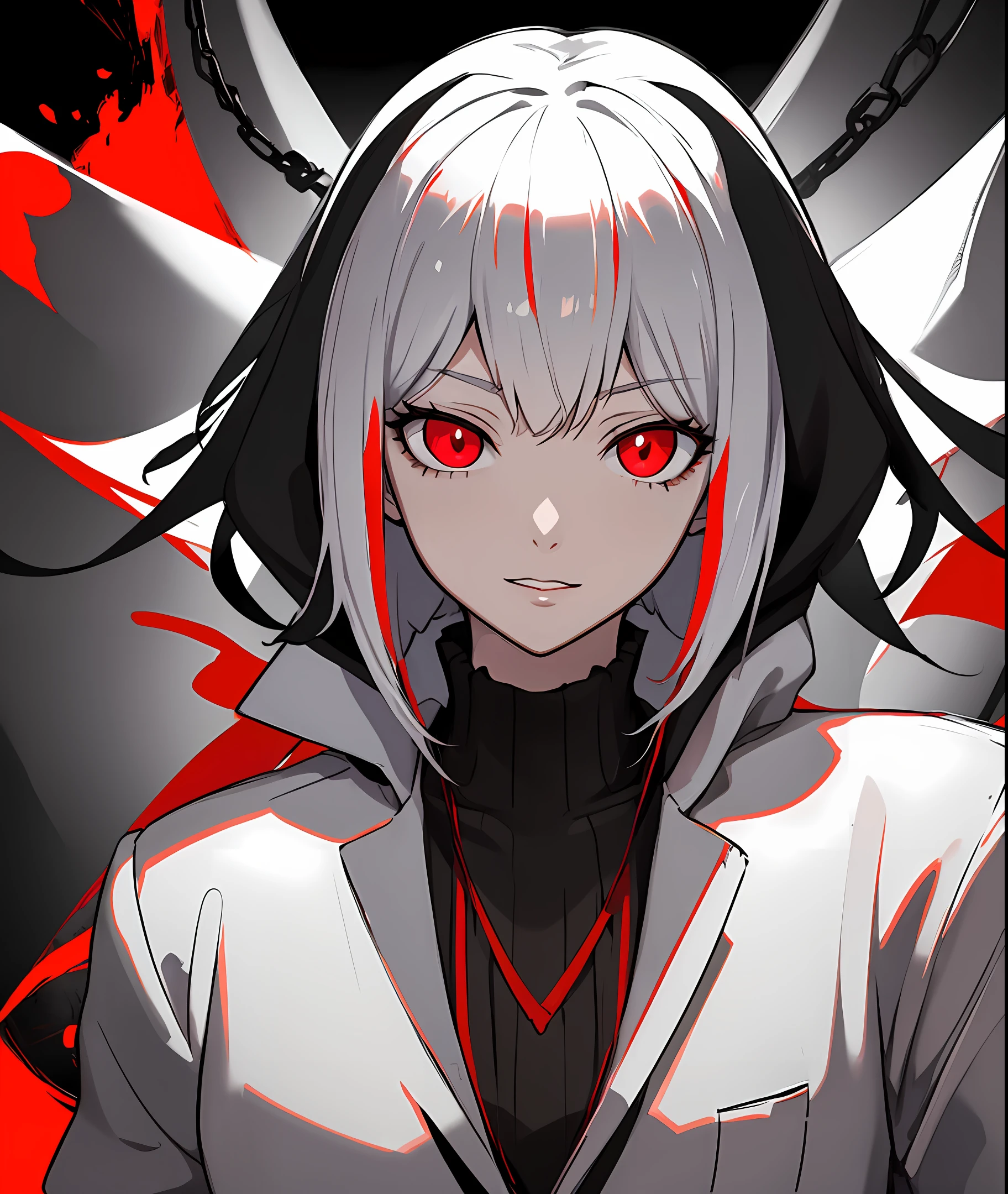 tmasterpiece,Highest image quality,Anime characters with red eyes and white hair appear in two different pictures, zerochan art, gapmoe yandere grimdark, portrait gapmoe yandere grimdark, Tokyo Ghoul, digital art from danganronpa, monochrome and red color bleed, 4k manga wallpapers, Epic anime style, with red glowing eyes, persona 5 art style wlop, zerochan