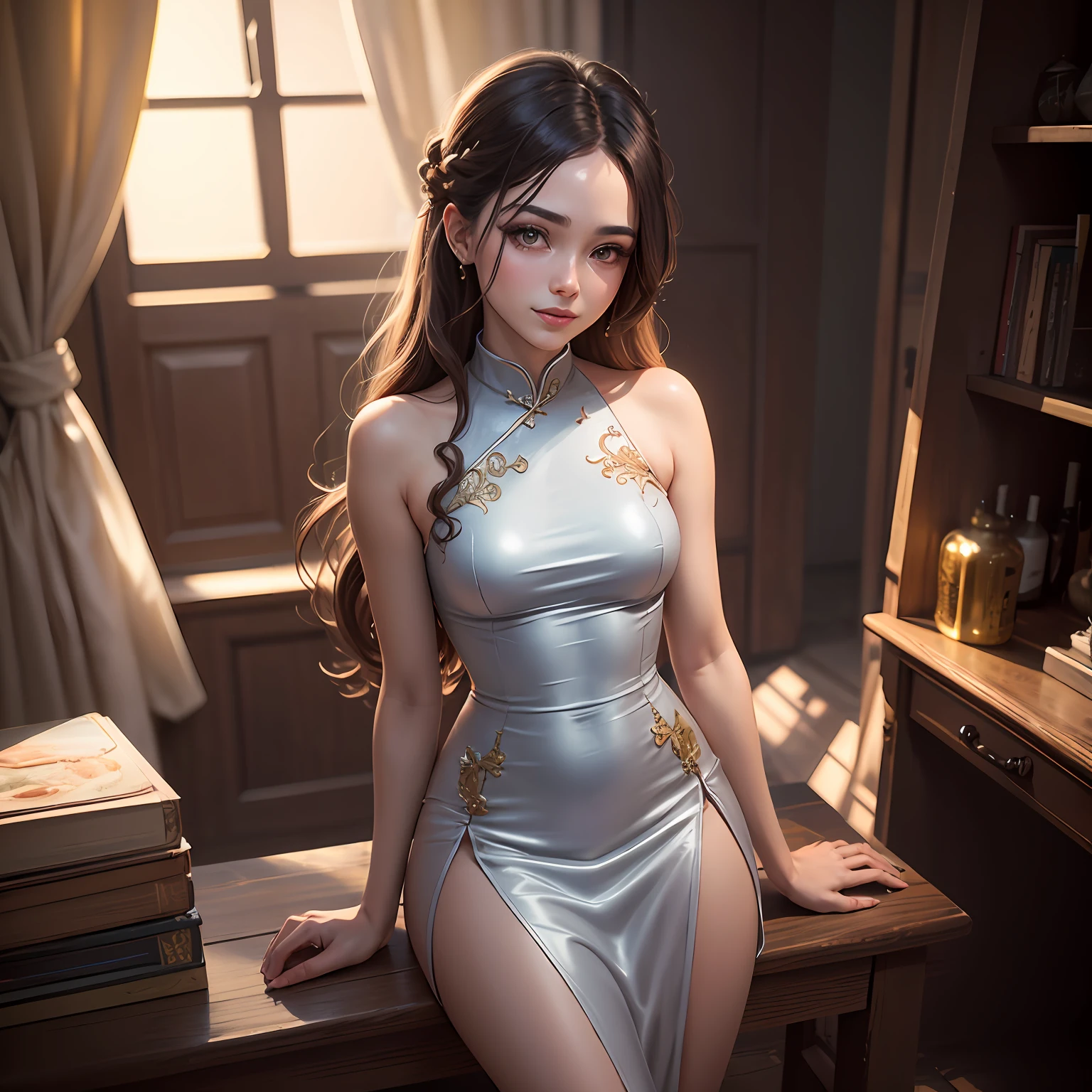 (((Best quality))), ((Super detail)), the benches, ((Noble temperament)), on cheongsam, Bust photo, Brown hair, french braid, extra very long hair, ((hair pin:0.9)), ribbon, ((Gradient eyes)), diamond-shaped pupils, putting makeup on, Smile, ((Tonalism)), ((Chiaroscuro)), ((Ray tracing)), ((god light)), ((stereograms)), symetry, ((A high resolution)), ((Textured skin)), ((hyper HD)), ((bell:0.8)), maam, opulent, fundo vermelho, Crystal light, Small gemstones, ((First perspective:0.9))