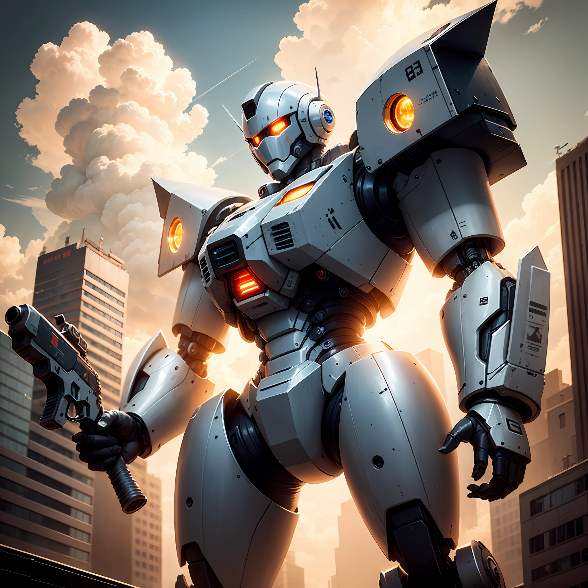 sky, cloud, holding_weapon, no_humans, glowing, , robot, building, glowing_eyes, mecha, science_fiction, city, realistic,mecha