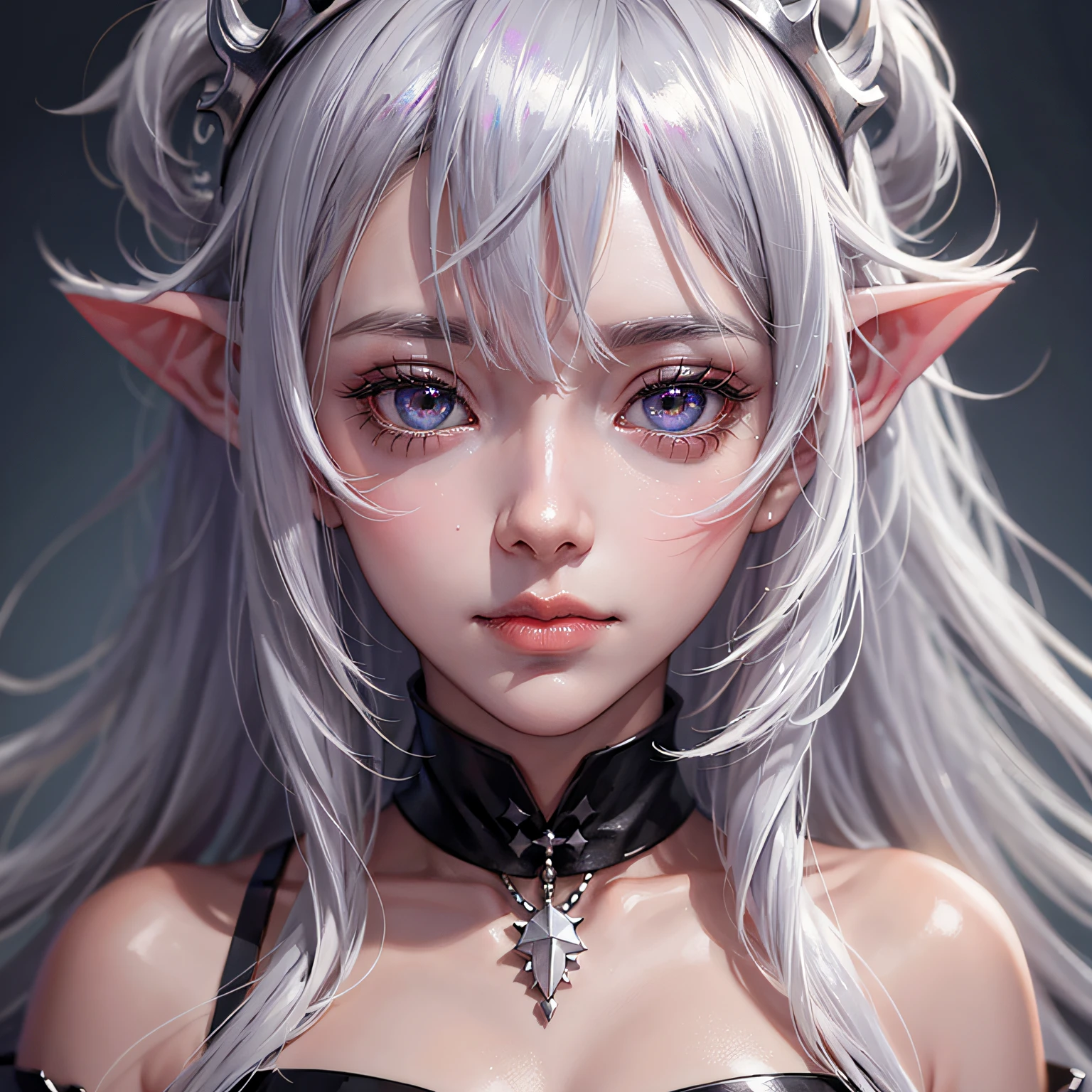white hair, ahoge, widow's peak, behind-the-head headphones, mole under eye, rolling eyes, mismatched pupils, long pointy ears, saliva, tongue out, food on face, fang, cinematic lighting, UHD, masterpiece, ccurate, best quality, award winning, anatomically correct --auto