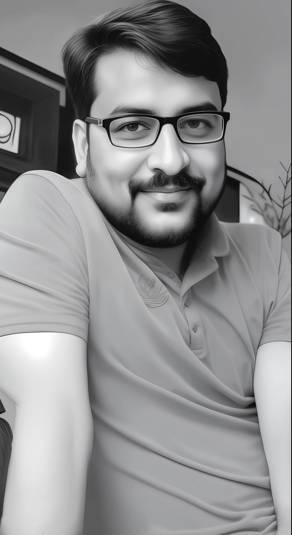 there is a man with glasses sitting on a couch with a remote, inspired by Narayan Shridhar Bendre, desaturated!!, kyza saleem, portait photo profile picture, inspired by Saurabh Jethani, khyzyl saleem, desaturated!, black and white picture, inspired by Sudip Roy, sayem reza
