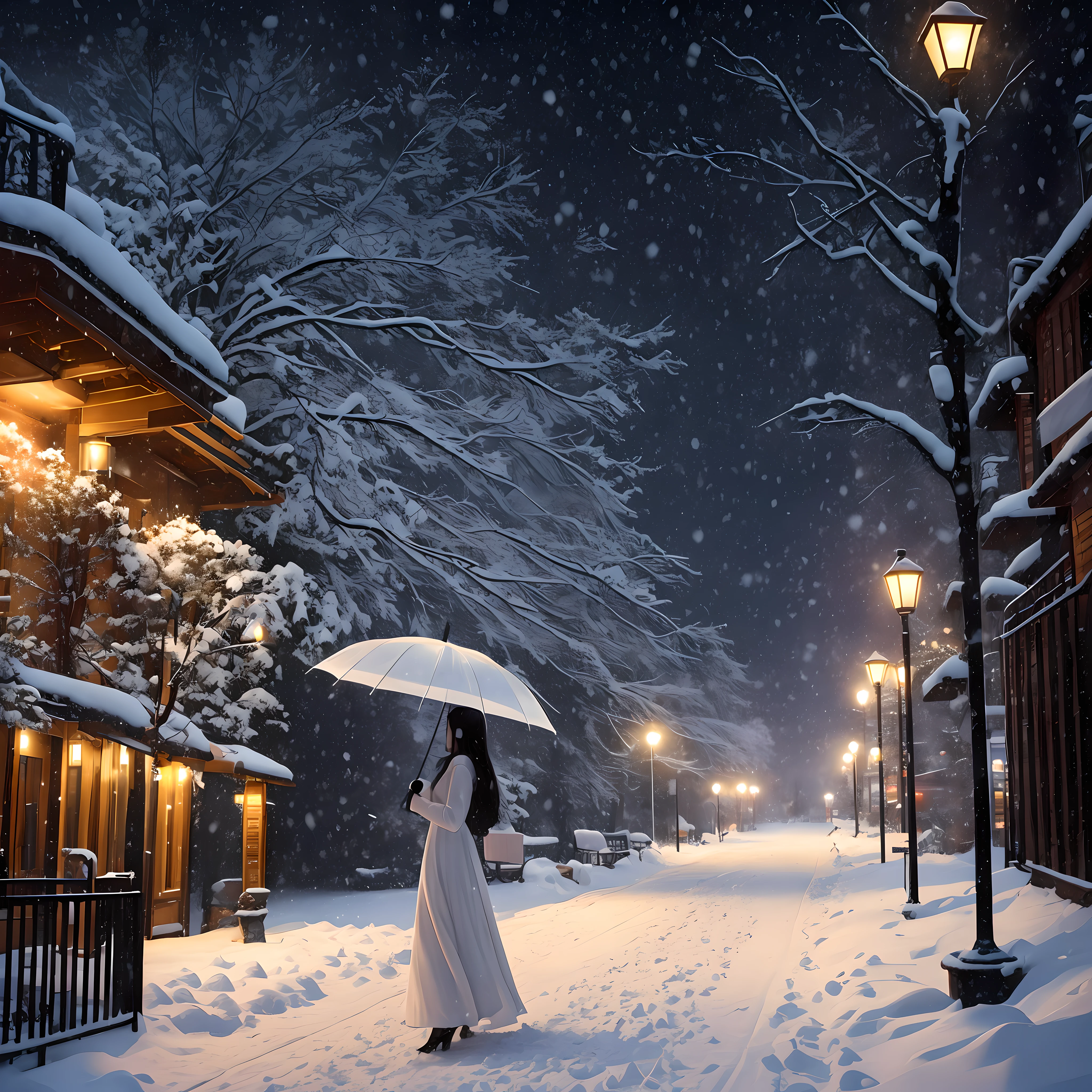 Winters,the night,nevando,Snow on the ground,pedestrian walkway,Holding an umbrella,White umbrella,Long white dress,shot from a far distance, --auto