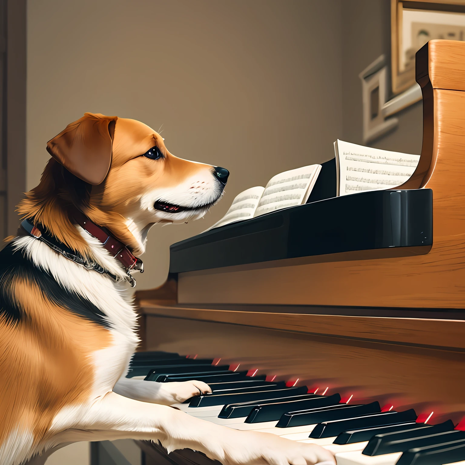 Dog playing piano