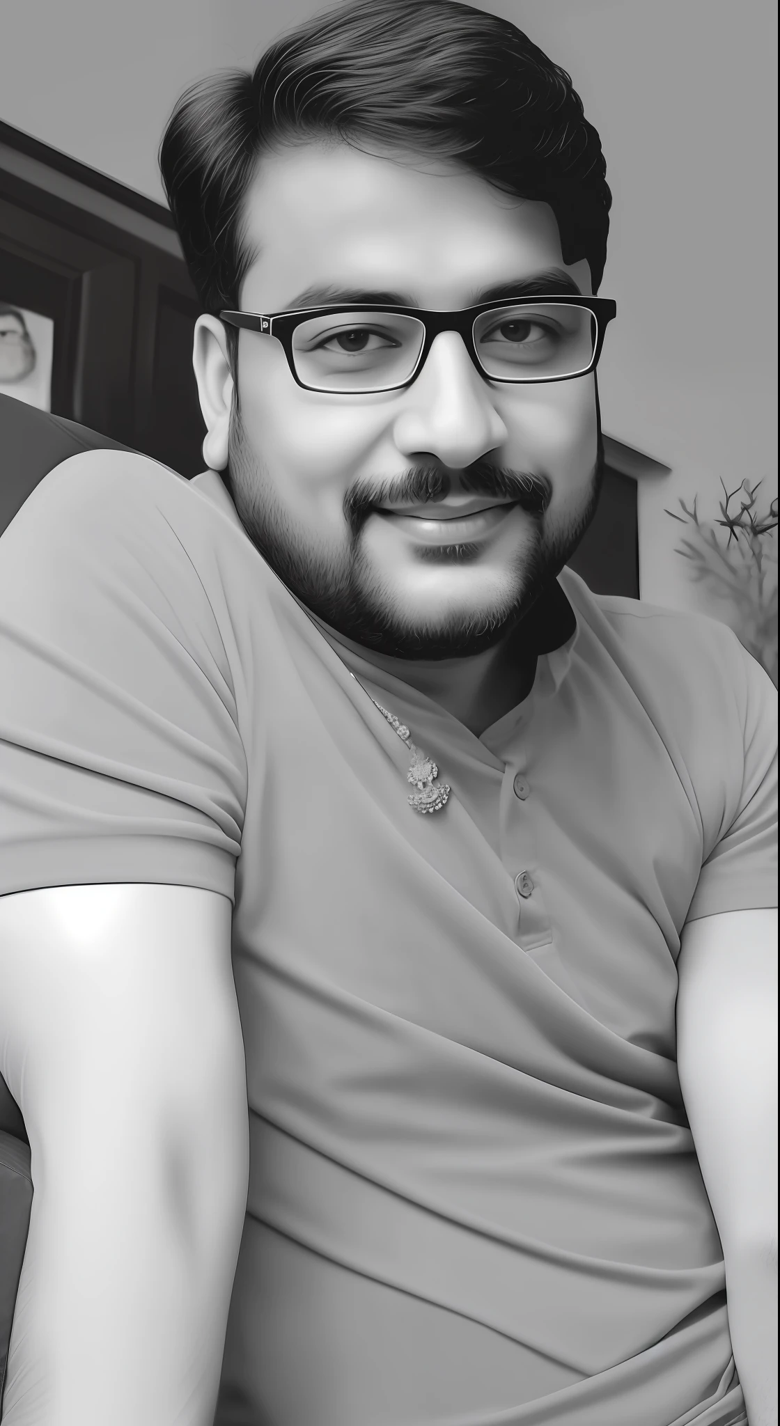 there is a man with glasses sitting on a couch with a remote, inspired by Narayan Shridhar Bendre, desaturated!!, kyza saleem, portait photo profile picture, inspired by Saurabh Jethani, khyzyl saleem, desaturated!, black and white picture, inspired by Sudip Roy, sayem reza
