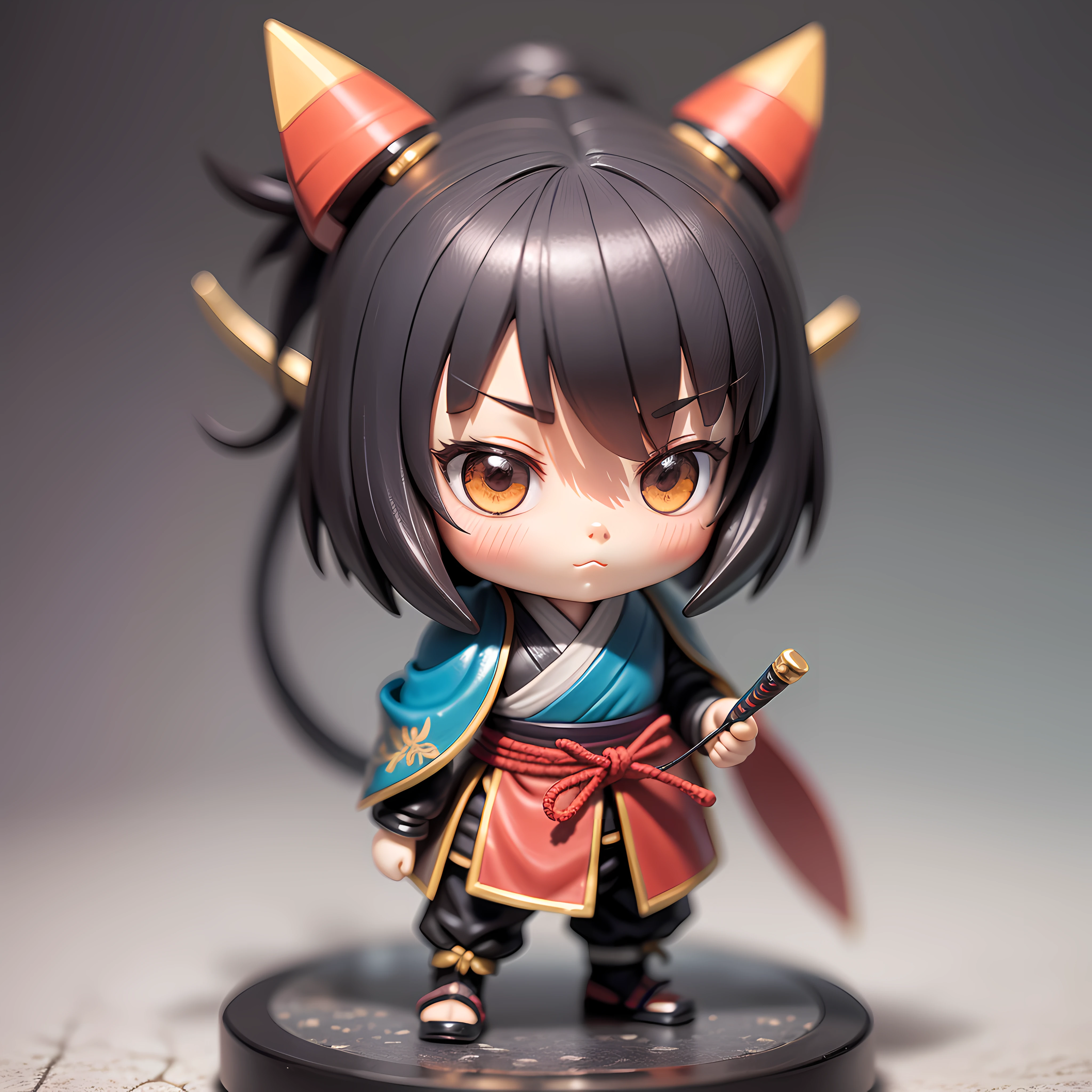 A small anime figurine, depicted as a toy samurai, inside a blind box, placed on a tiny pedestal, against a clean white background, illuminated by artificial light. The artwork is of top-notch photographic quality, capturing every intricate detail of the anime figurine.