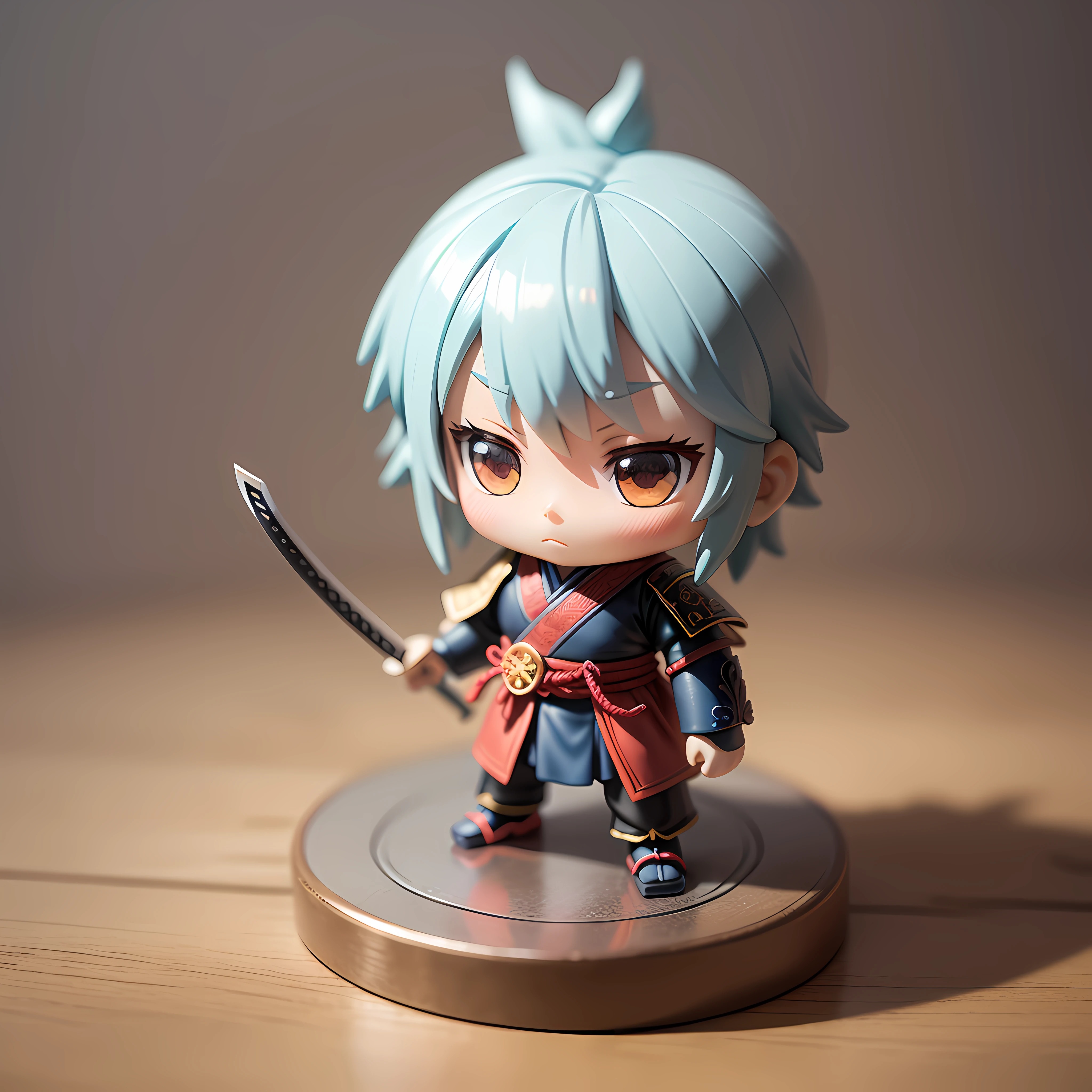 A small anime figurine, depicted as a toy samurai, inside a blind box, placed on a tiny pedestal, against a clean white background, illuminated by artificial light. The artwork is of top-notch photographic quality, capturing every intricate detail of the anime figurine.