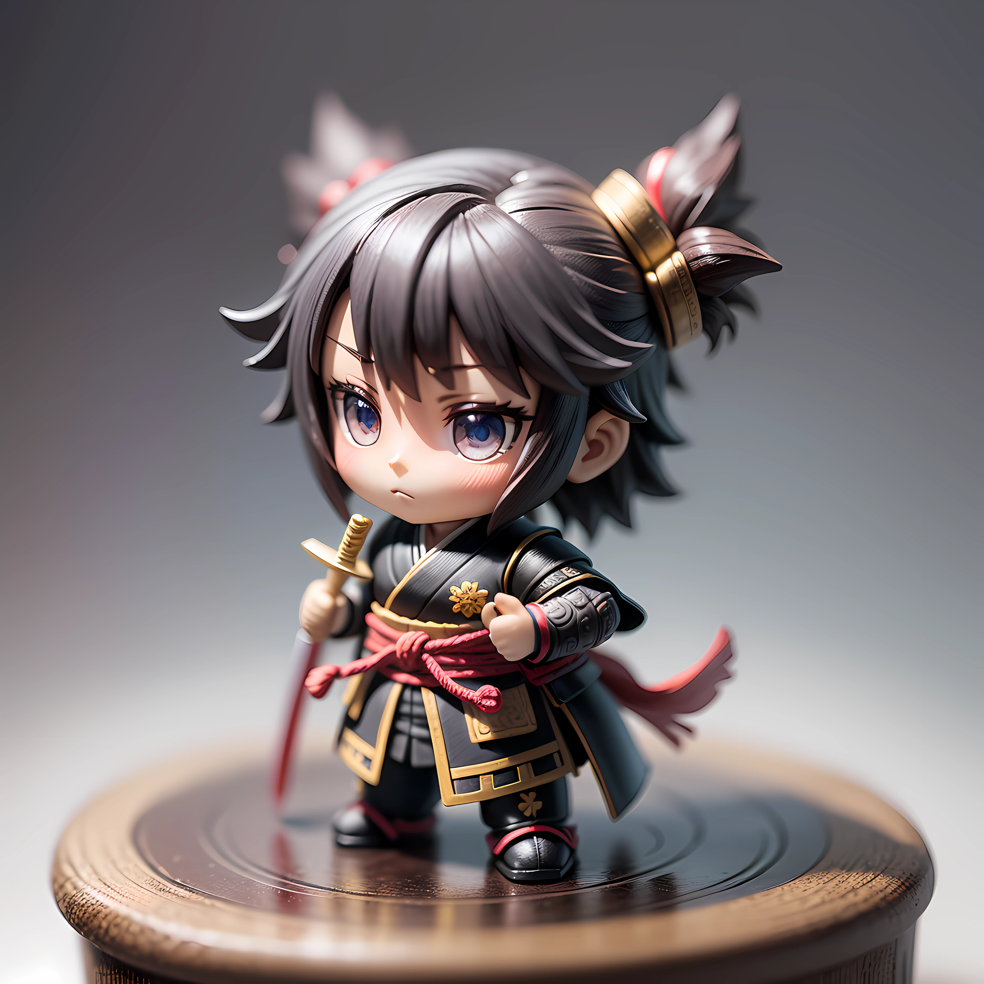 A small anime figurine, depicted as a toy samurai, inside a blind box, placed on a tiny pedestal, against a clean white background, illuminated by artificial light. The artwork is of top-notch photographic quality, capturing every intricate detail of the anime figurine.