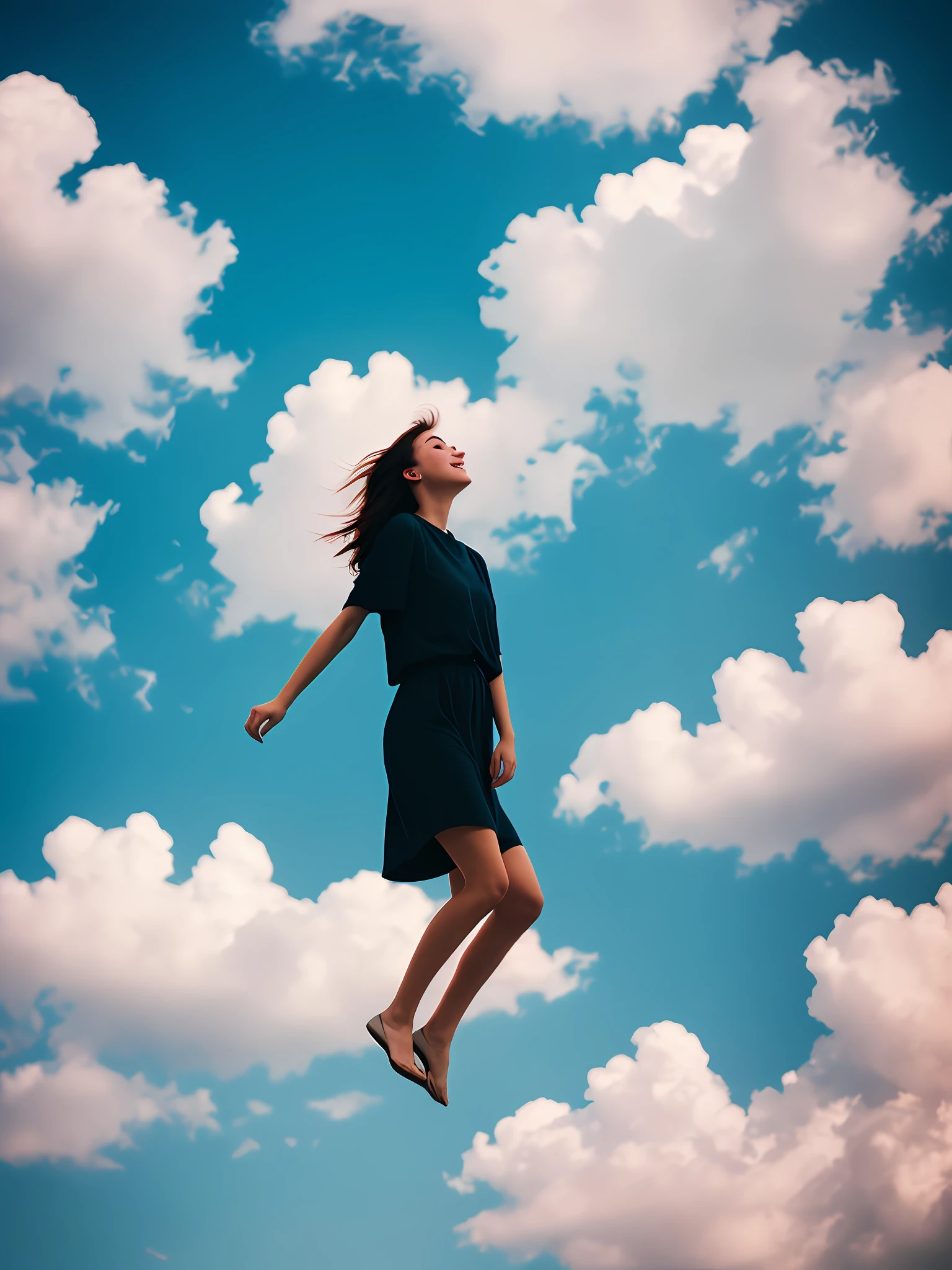 masterpiece, best quality, movie still, 1girl, floating in the sky, cloud girl, cloud, (close-up:1.1), bright, happy, fun, soft lighting, (Bauhaus, shapes, lines, abstract:1.1)