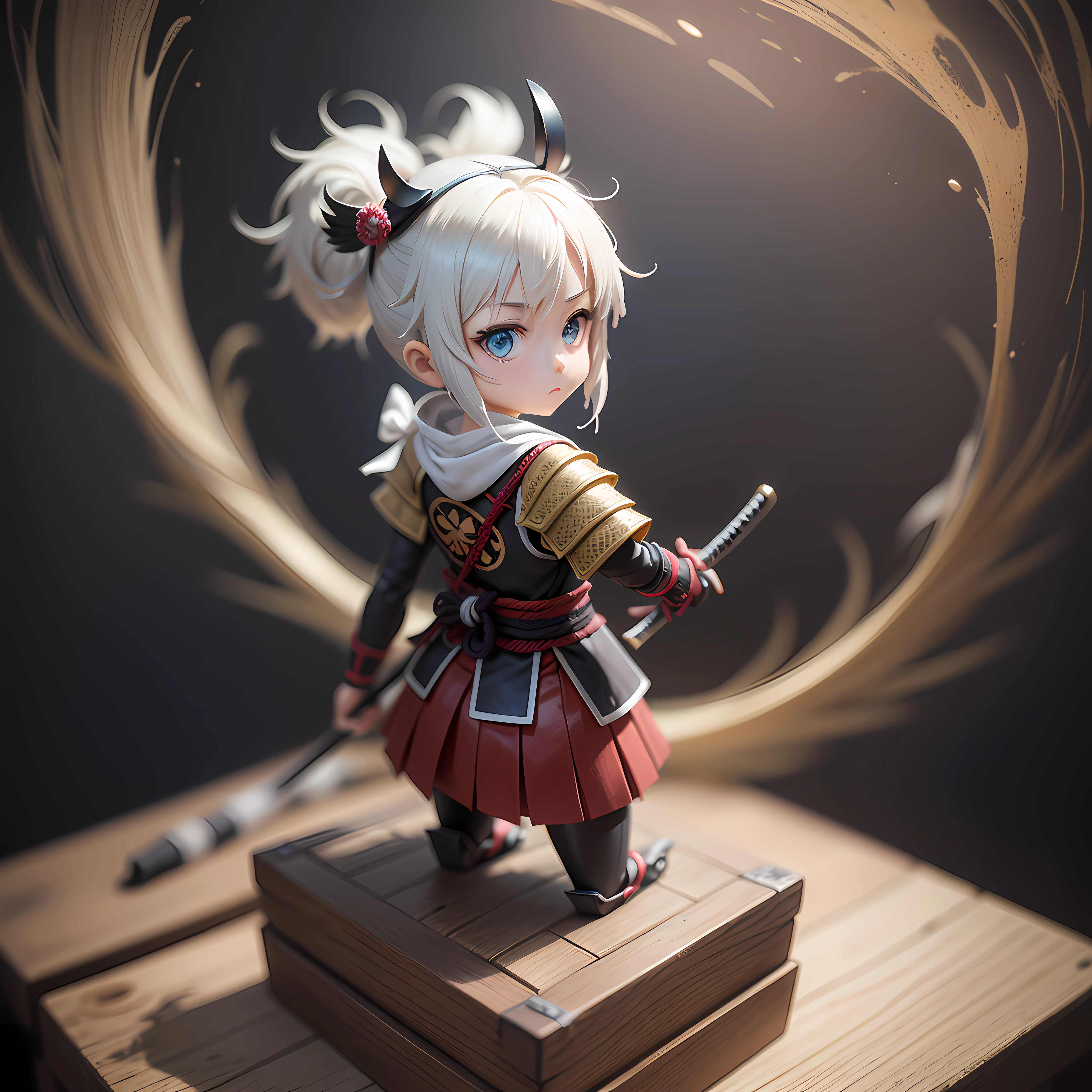 A small anime figure, representado como un juguete heroico, samurais, dentro de una caja ciega, placed on a small pedestal, sobre un fondo blanco limpio, iluminado por luz artificial. The artwork is top photographic quality, capturando cada detalle intrincado de la figura de anime.