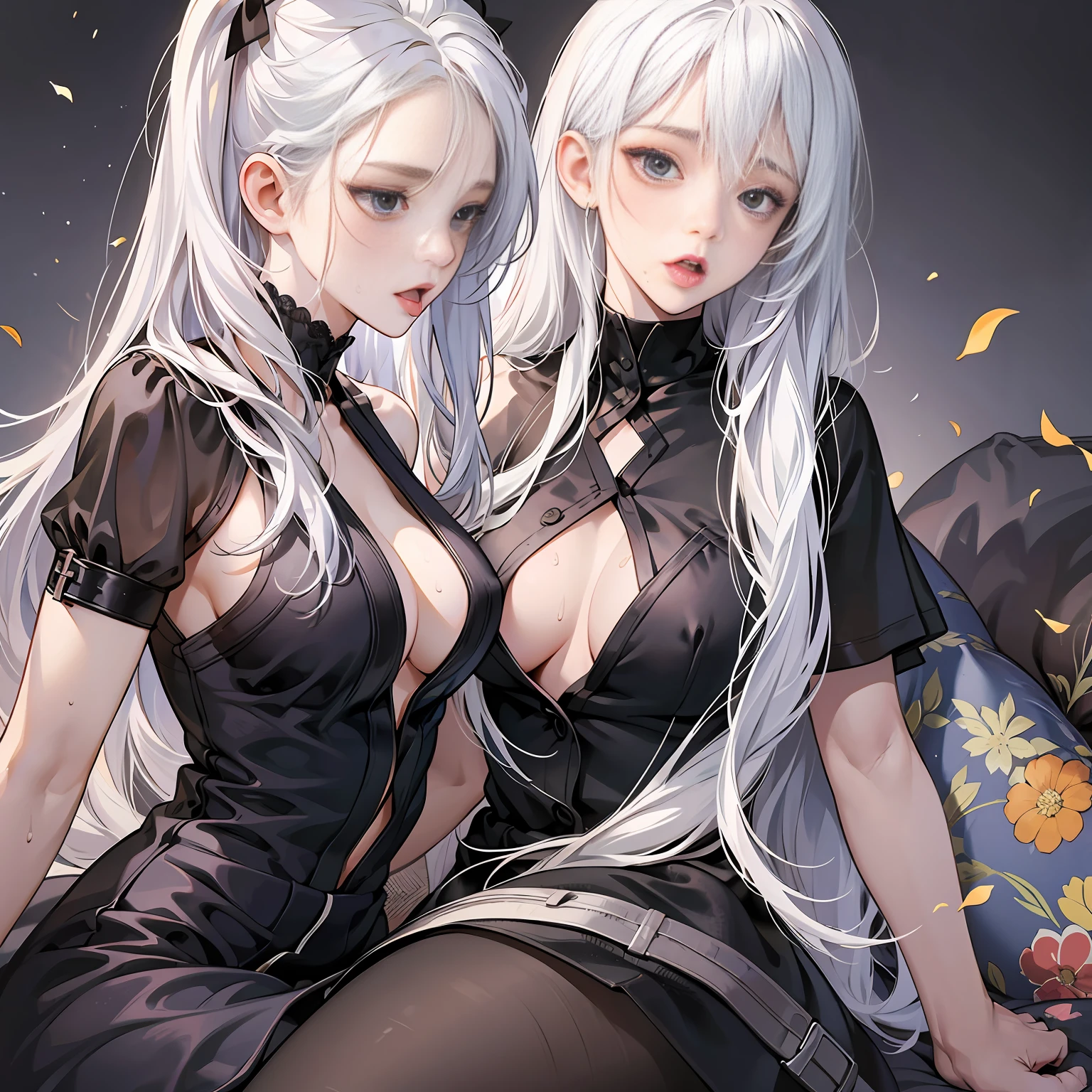 white hair, ahoge, widow's peak, behind-the-head headphones, mole under eye, rolling eyes, mismatched pupils, long pointy ears, saliva, tongue out, food on face, fang, big breasts exposed cleavage,, cinematic lighting, UHD, masterpiece, ccurate, best quality, award winning, anatomically correct --auto