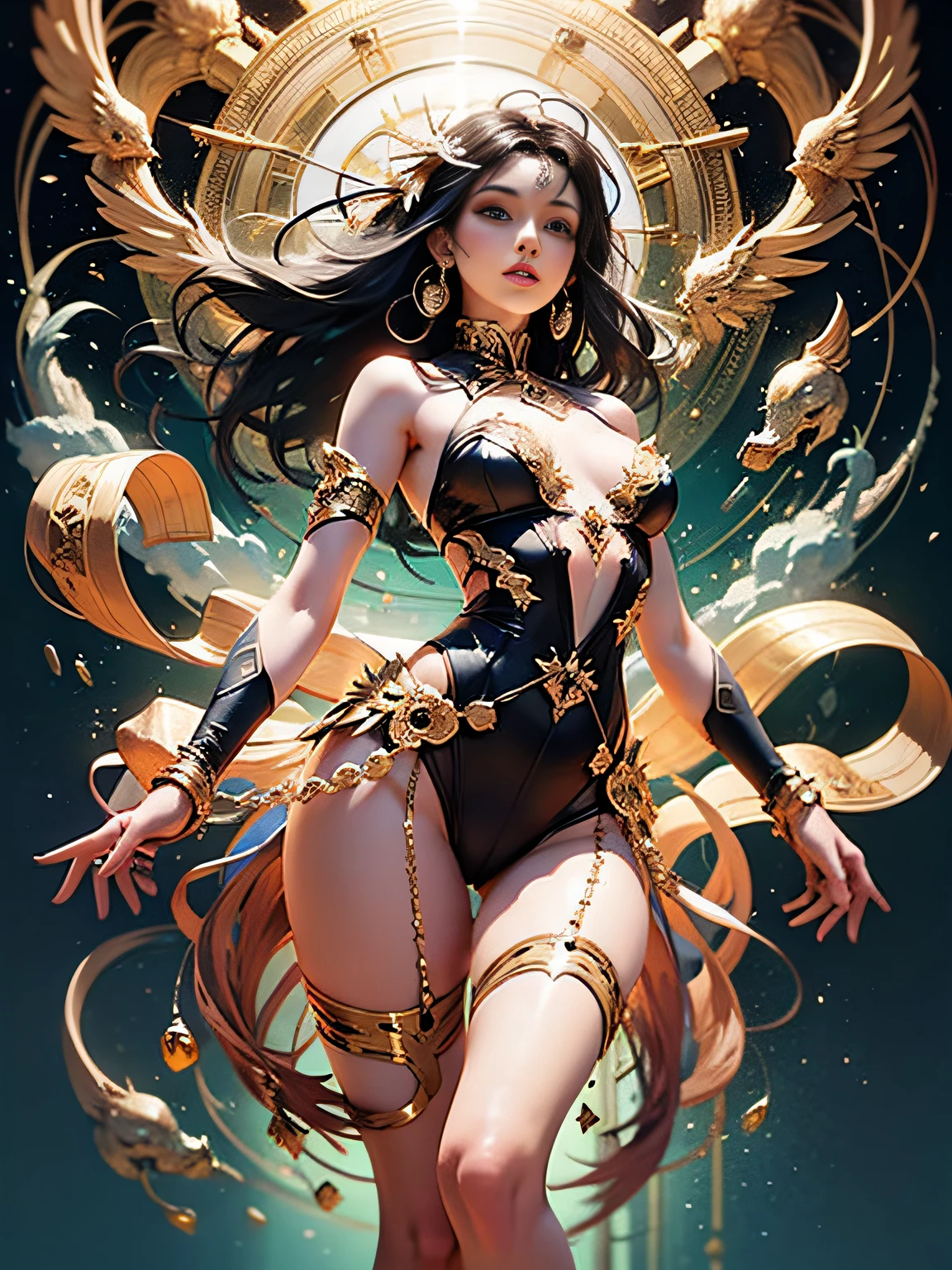 (masterpiece, top quality, best quality, official, beautiful and aesthetic art: 1.3), (1 girl: 1.3), extreme details, (fractal art: 1.3), colorful, full body, best quality, masterpiece, ultra resolution tall, 1 caucasian beautiful girl face, beautiful_face, detailed skin, concept art, Sakimichan style art, full body, exposed small breasts, official art, Unity 8k wallpapers, ultra detailed, beautiful and aesthetic, masterpiece, best quality , (Zentangle, Mandala, Tangled , Tangle), (Fractal Art: 1.3), 1 Girl, Highly Detailed, Dynamic Angle, Cowboy Shot, Most Beautiful Shapes Chaotic, Elegant, Fauvist Design, Bright Colors, Romanticism, James Jean, Robbie Devi Antono, Ross Tran, Francis Bacon, Michal Mlaz, Adrian Ganey, Petra Kotwright, Gerhard Richter, Takashi Yamamoto, Ashley Wood, atmospheric and ecstatic notes, visible flow notes, (black silk), seductive pose, visible pubic hair, breasts visible, Sakimichan style art, oriental mandala tattoo, fractal background, silver and gold and bronze spirit, natural skin moistened with water, slight smile, view from below, perfect golden eyes, long curly black hair, floating antique clock, lamp ancient, splash,