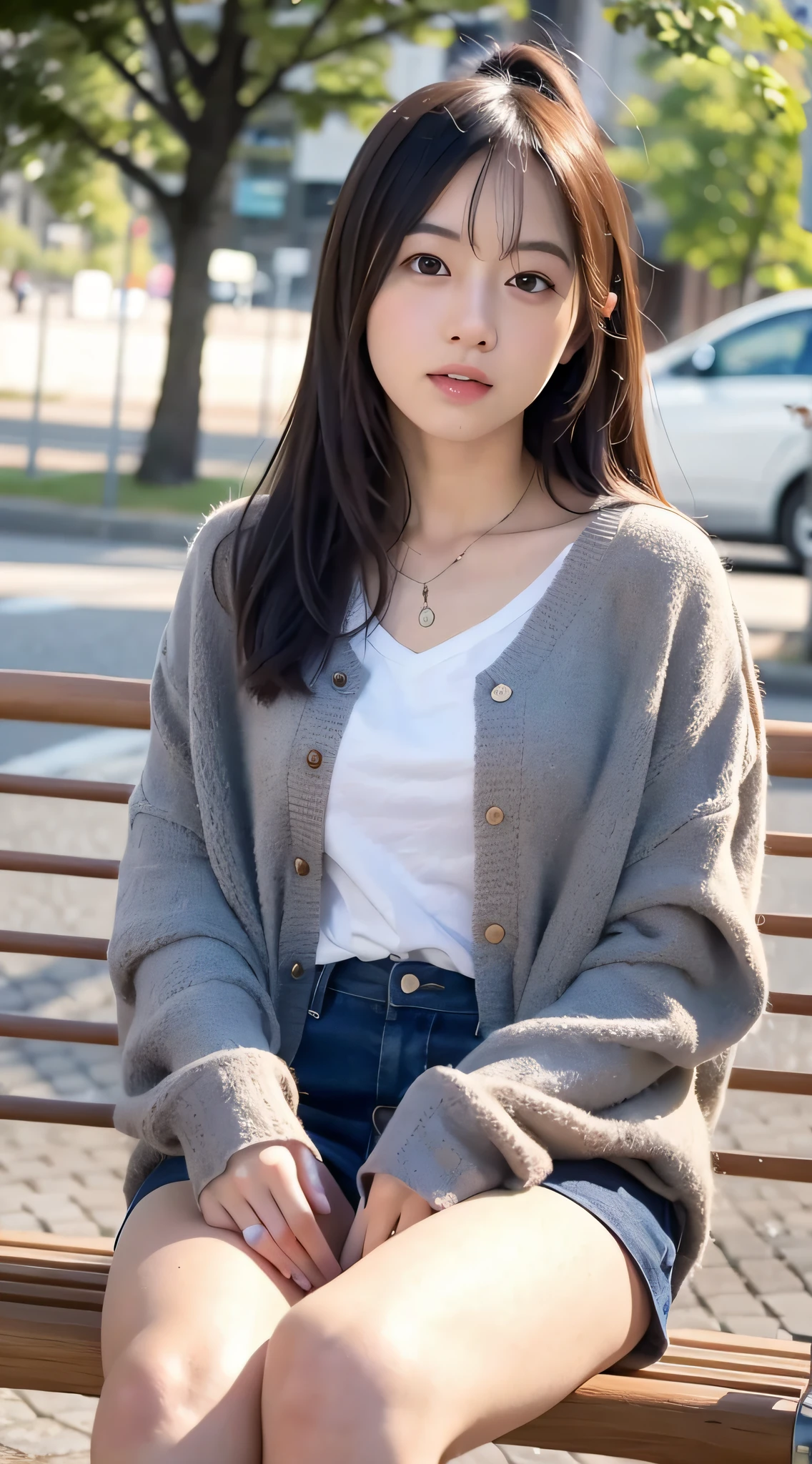 mix4, 20 days, Solo, Long_Hair, Nanase Nishino, Haruka Kaki, Miniskirt, park, bench, Sitting, (8K, RAW photography, Best quality, Masterpiece:1.2), (Realistic, Photorealistic:1.37), Professional lighting, photon maping, Radio City, physically-based renderingt