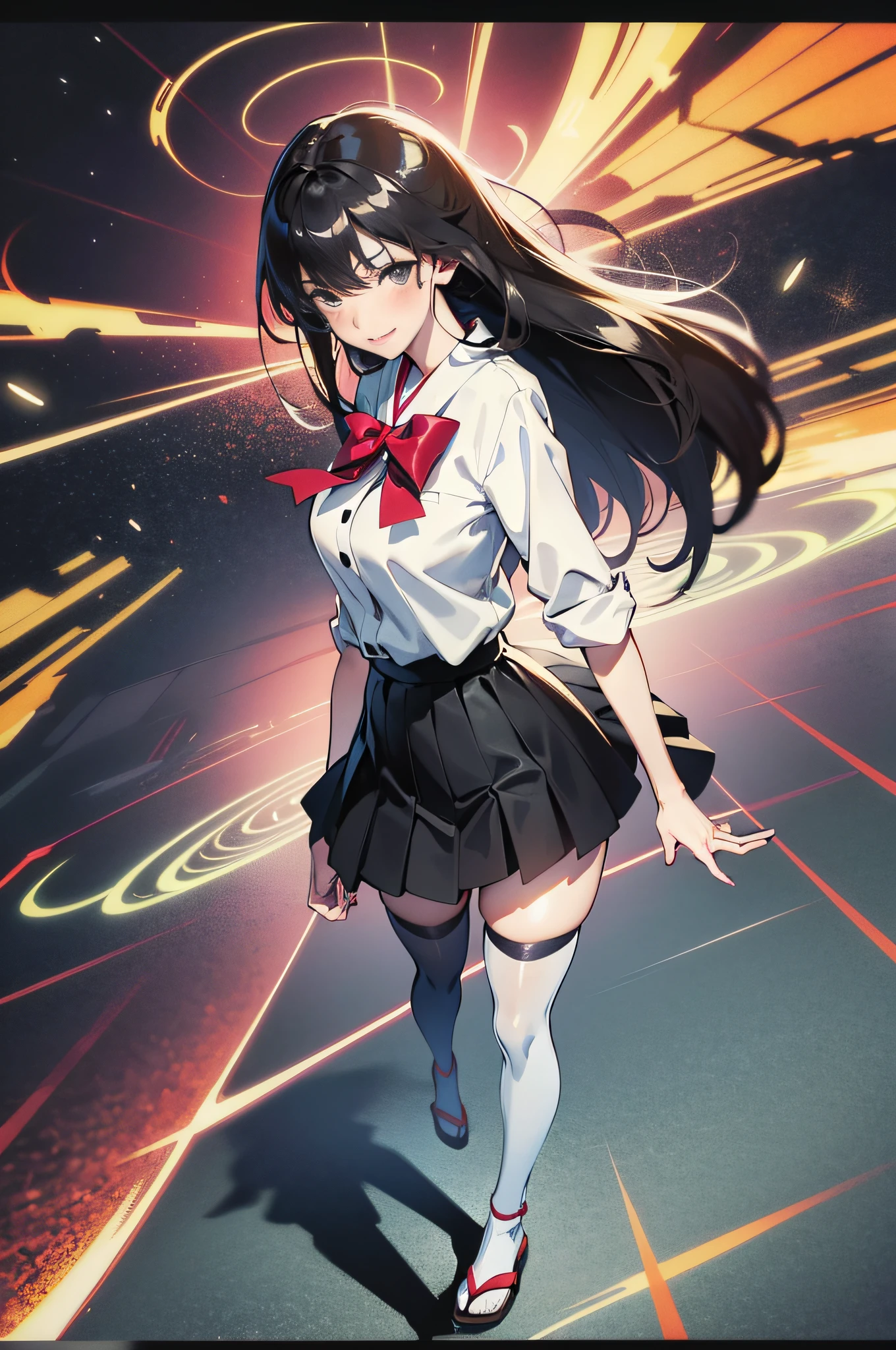 highres, ultra detailed, (1girl:1.3), (dynamic pose):1.0 BREAK, 1 extremely beautiful and glamorous high school girl standing river side at night, anime girl, wearing a white collard shirt and a knee-length long pleats skirt, (black stockings), she has black wavy pony-tail hair style, gigantic-breasted, smile, happy, wind, 8 life size, detailed clothes, detailed body, detailed arms, human hands, detailed hands, full body shot, hip focus, blush, light smile, looking the viewer, facing the viewer, staring the viewer, Lights are lit around the beach and stars are shining in the sky, studio soft light, cinematic light, detailed background, realistic, ultra-realistic, masterpiece, 32k ultra-sharp image, Japanese anime waifu, concept art by Kyoto animation, ufotable style, anime cap, Makoto Shinkai,