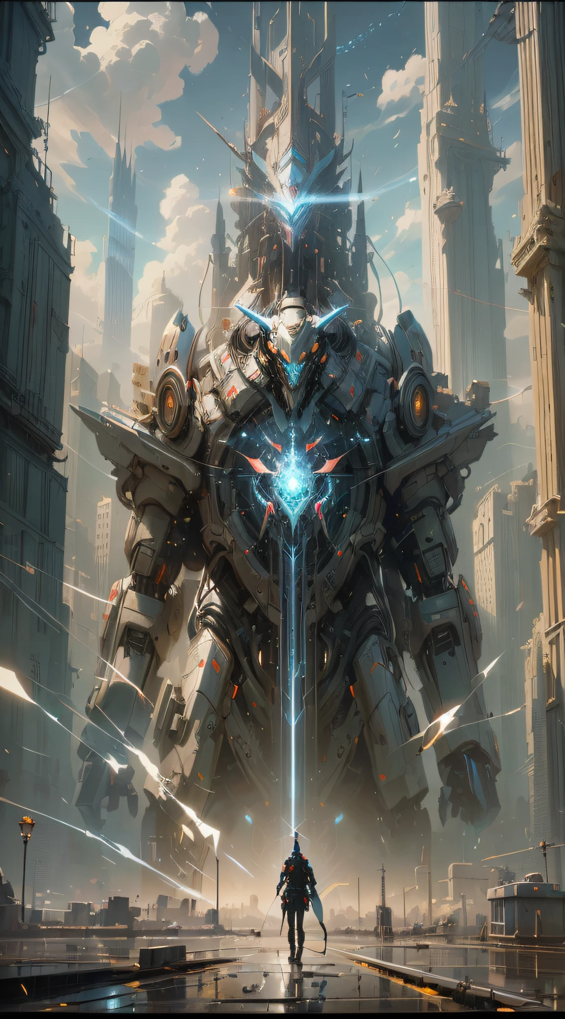 Anime - A huge robot-style artwork，A man stood in front, High quality digital concept art, bastien grivet, award winning concept artist, arstation and beeple highly, epic fantasy sci fi illustration, author：Jeremy Chang, Epic digital concept art, Peter Mohrbacher. illusory engine, artgem and beeple masterpiece ，Cool colors --auto