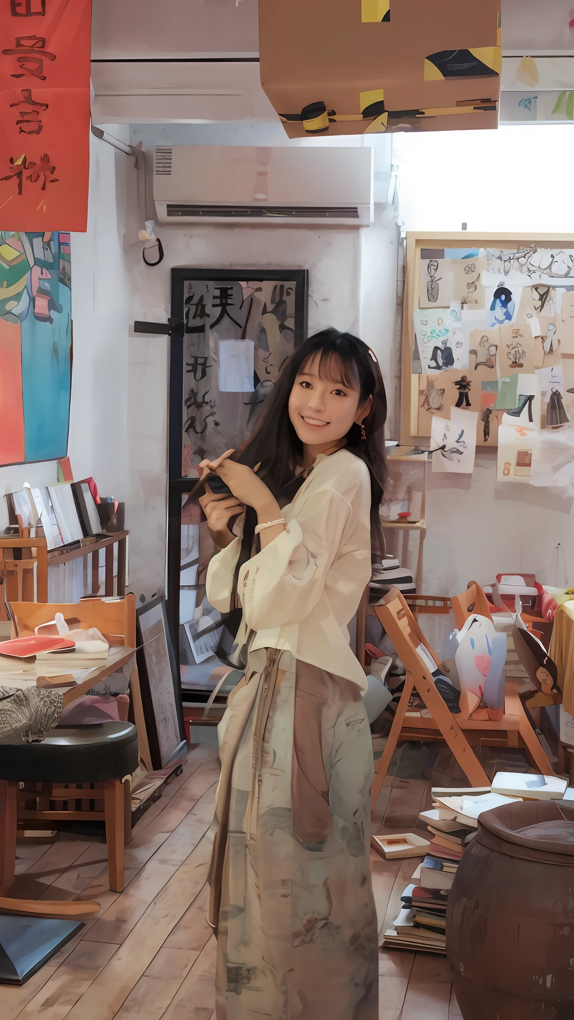 There was a woman standing in a room,There is a painting on the wall。, japanese illustrator, inspired by Ma Yuanyu, lofi-girl, natsumi mukai artwrok, in her art room, inspirado por Kim Jeong-hui, chiho, ukiuo-e and studio ghilbi style, chinese artist, xintong chen, Art student