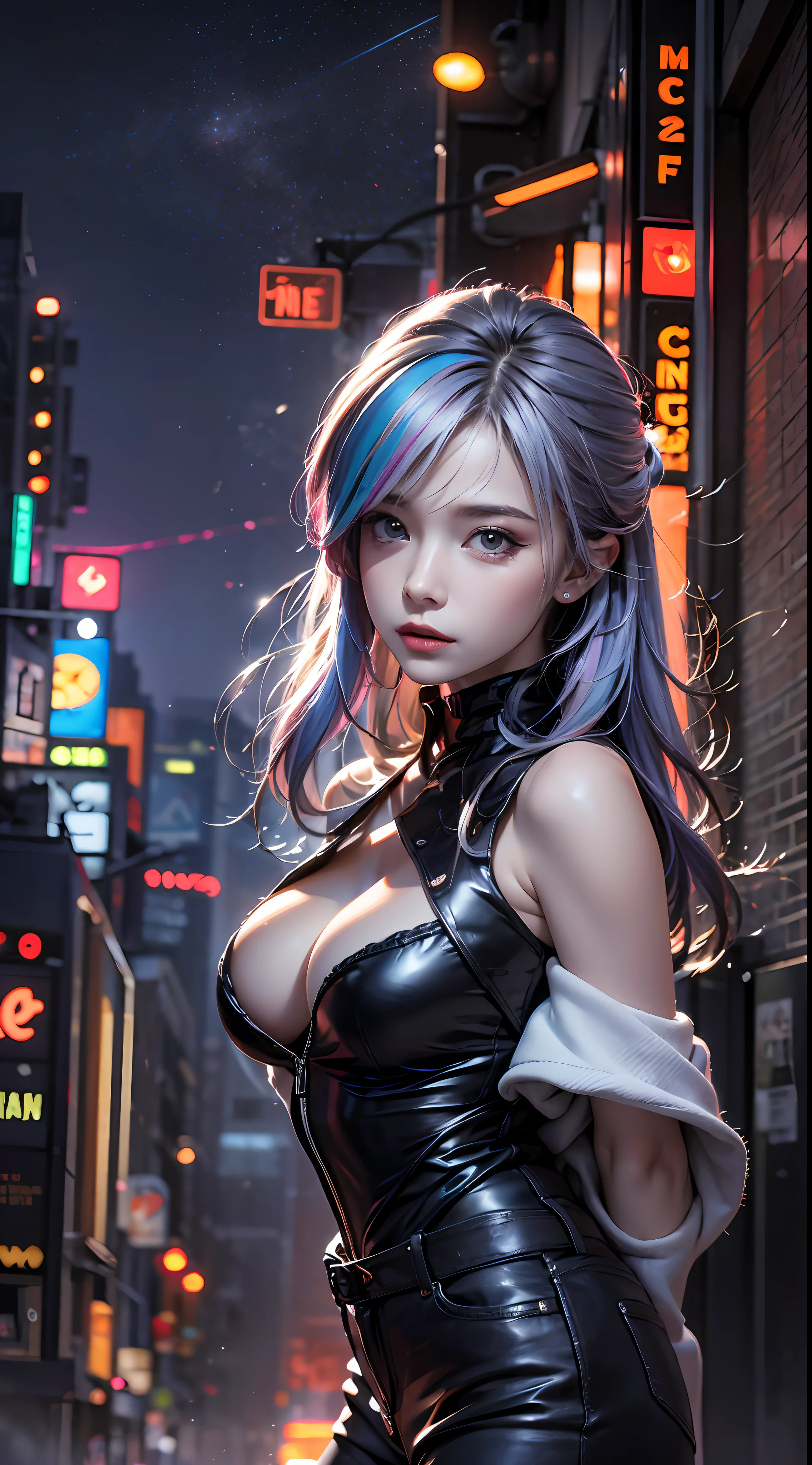 (masterpiece, high quality, highres,illustration), 1girl, galaxy multicolored hair in New york city at night with orange fog, cybercity,