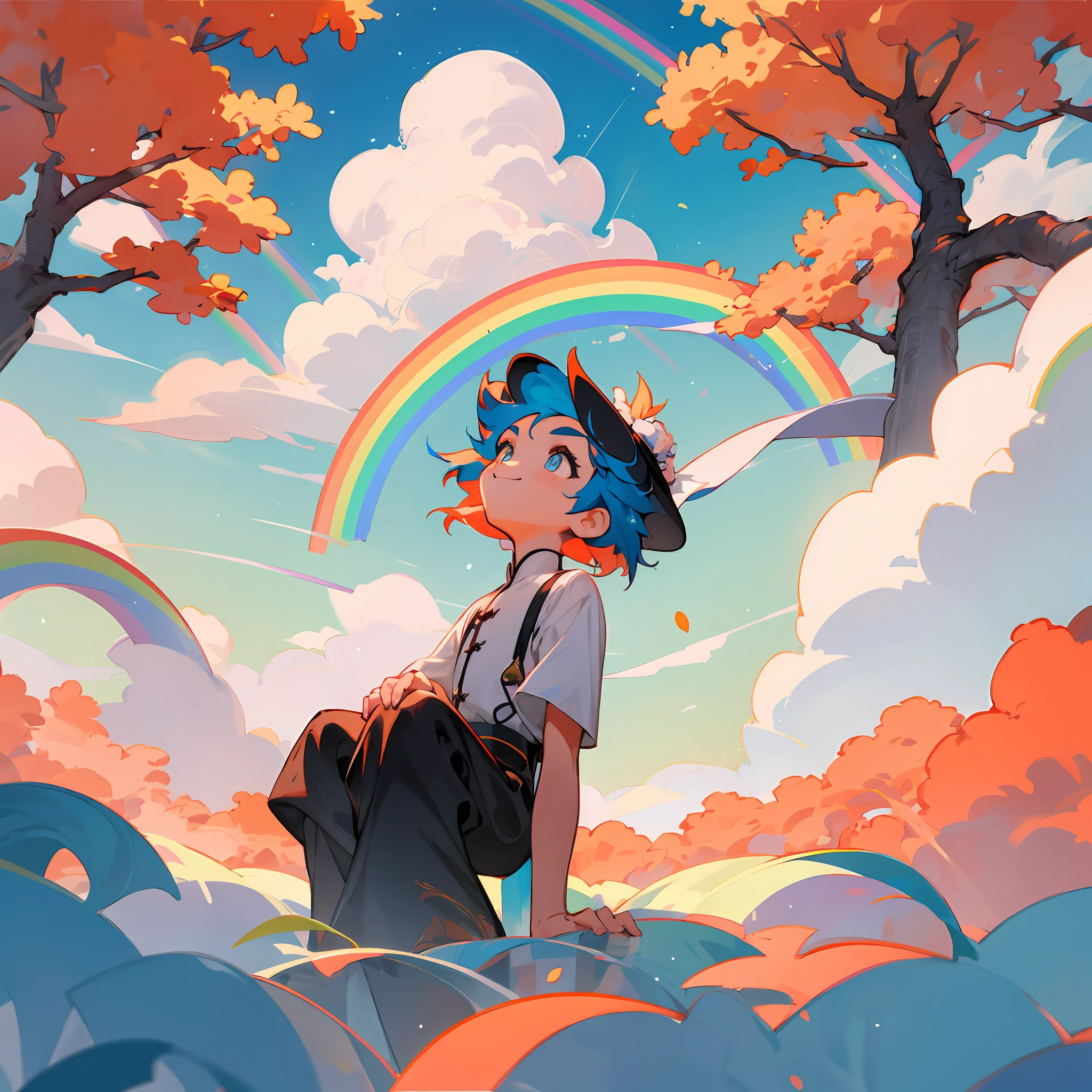 Asia face,A sits on a rainbow in the sky,Colored hair,cheerfulness,fantasy,rays of sunshine,tree shade,Colorful,As estrelas,rainbowing,baiyun,with blue sky and white clouds