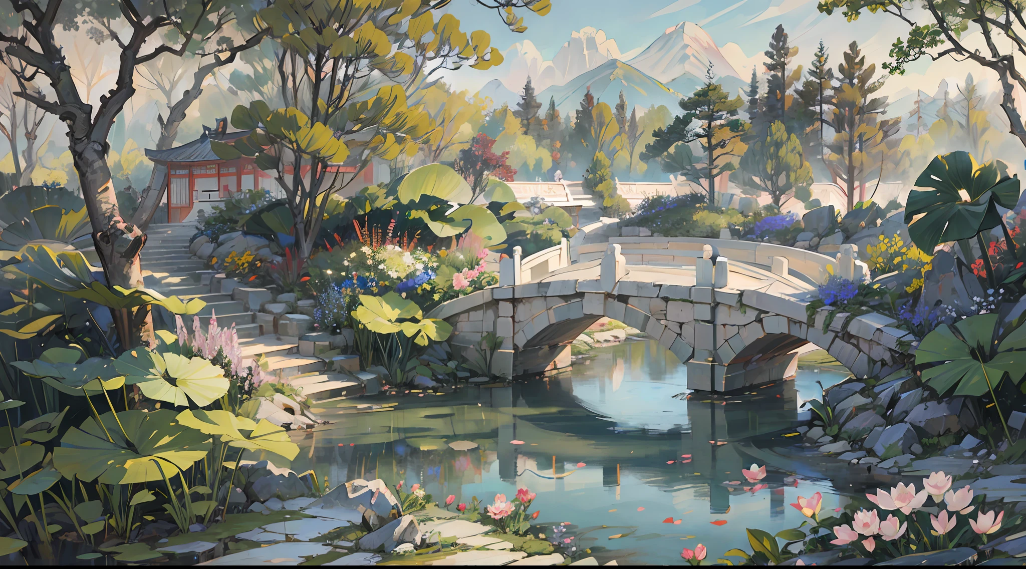 ((Best quality, masterpiece: 1.2)), CG, 8K, intricate details, cinematic perspective, (no one around), (Ancient Chinese garden), pond filled with lotus flowers, rocks, flowers, bamboo forests, waterfalls, wooded areas, small bridges spanning babbling streams, detailed foliage and flowers, (sunlight shining, sparkling waves), peaceful and serene atmosphere, ((soft and elegant colors)), ((exquisitely crafted composition))