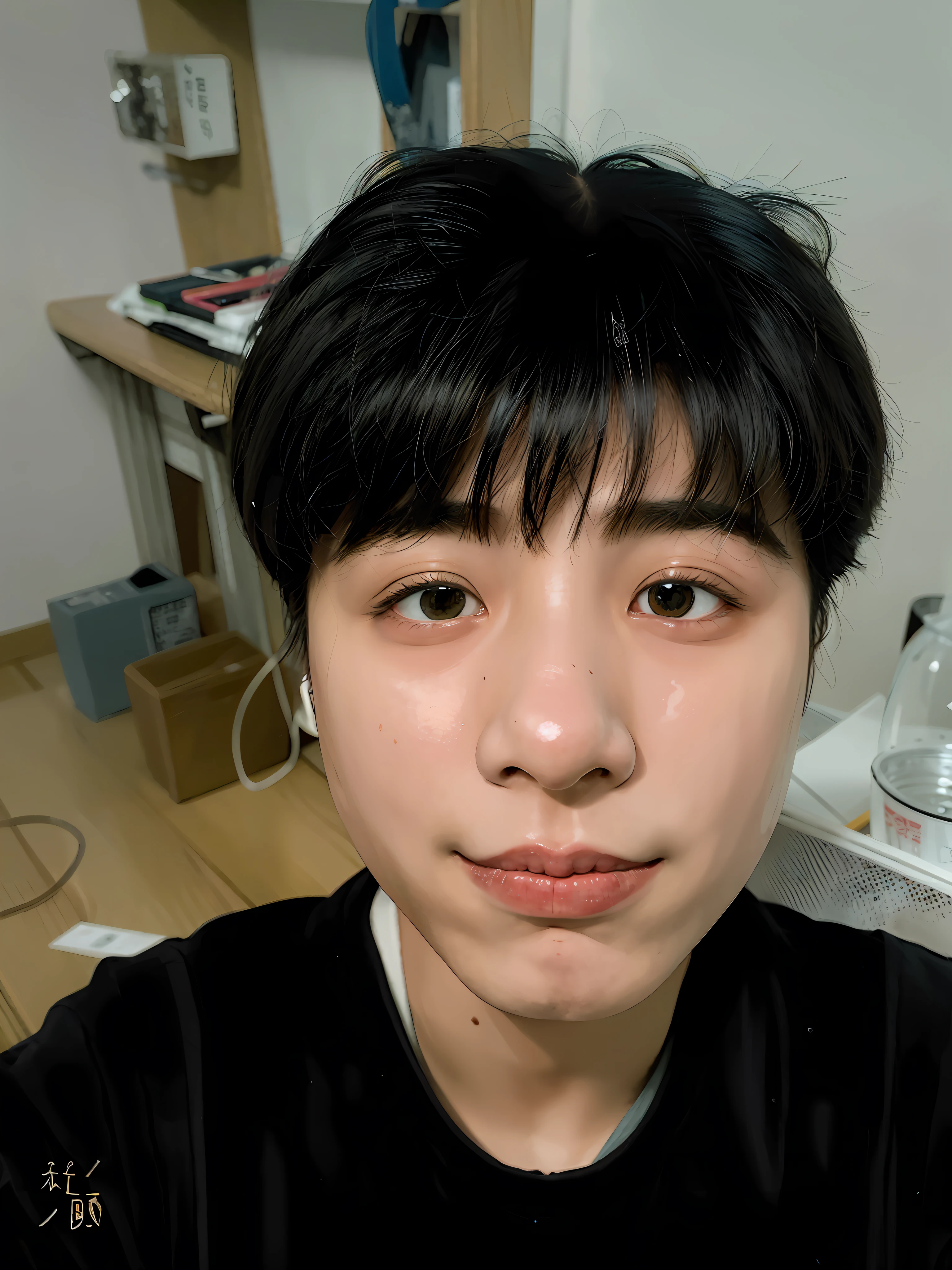 An Asian boy,Nothing to do with stereoscopic,Samurai head,with very thin lips,The nose narrows,Narrowing of the face,Hair is naturally fluffy