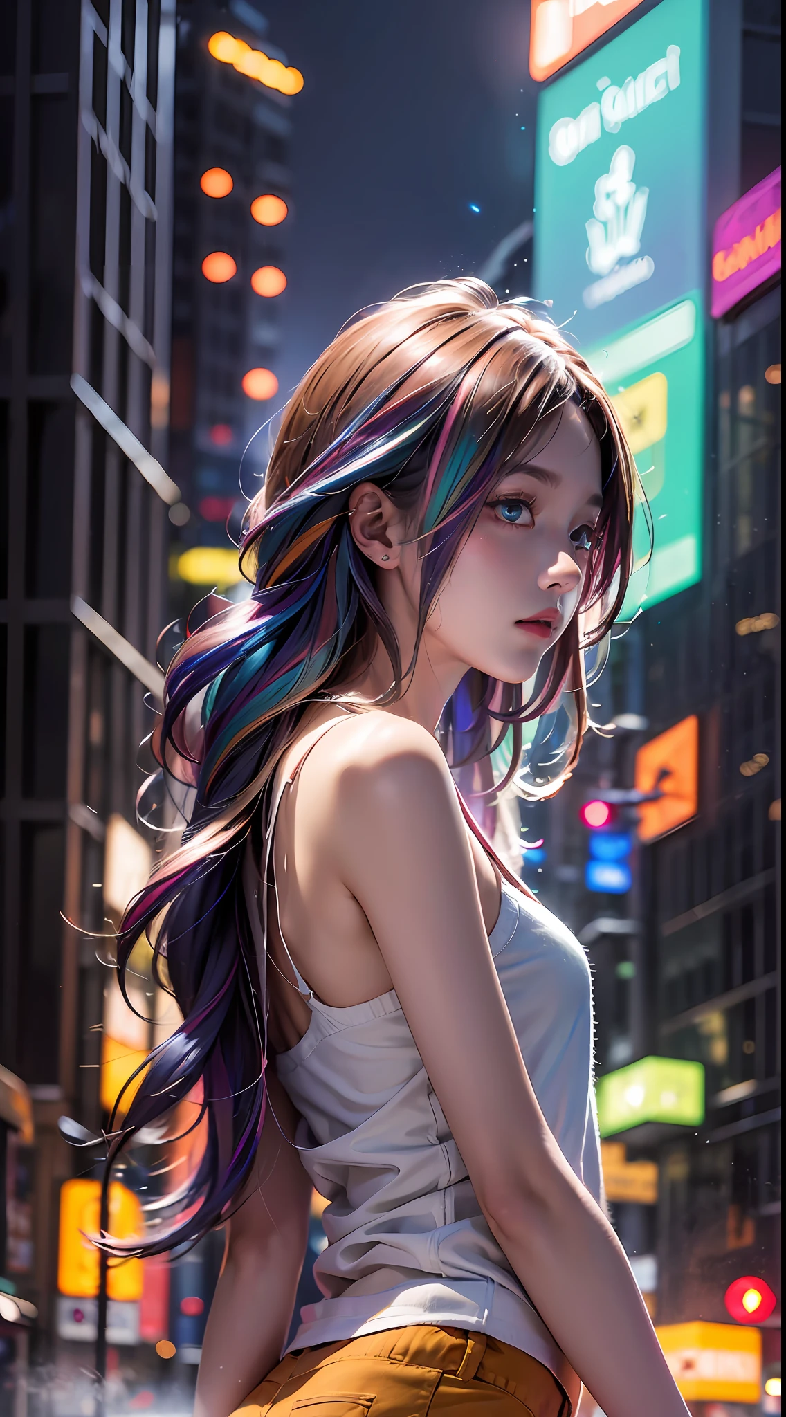 (masterpiece, high quality, highres,illustration), 1girl, galaxy multicolored hair in New york city at night with orange fog, cybercity,