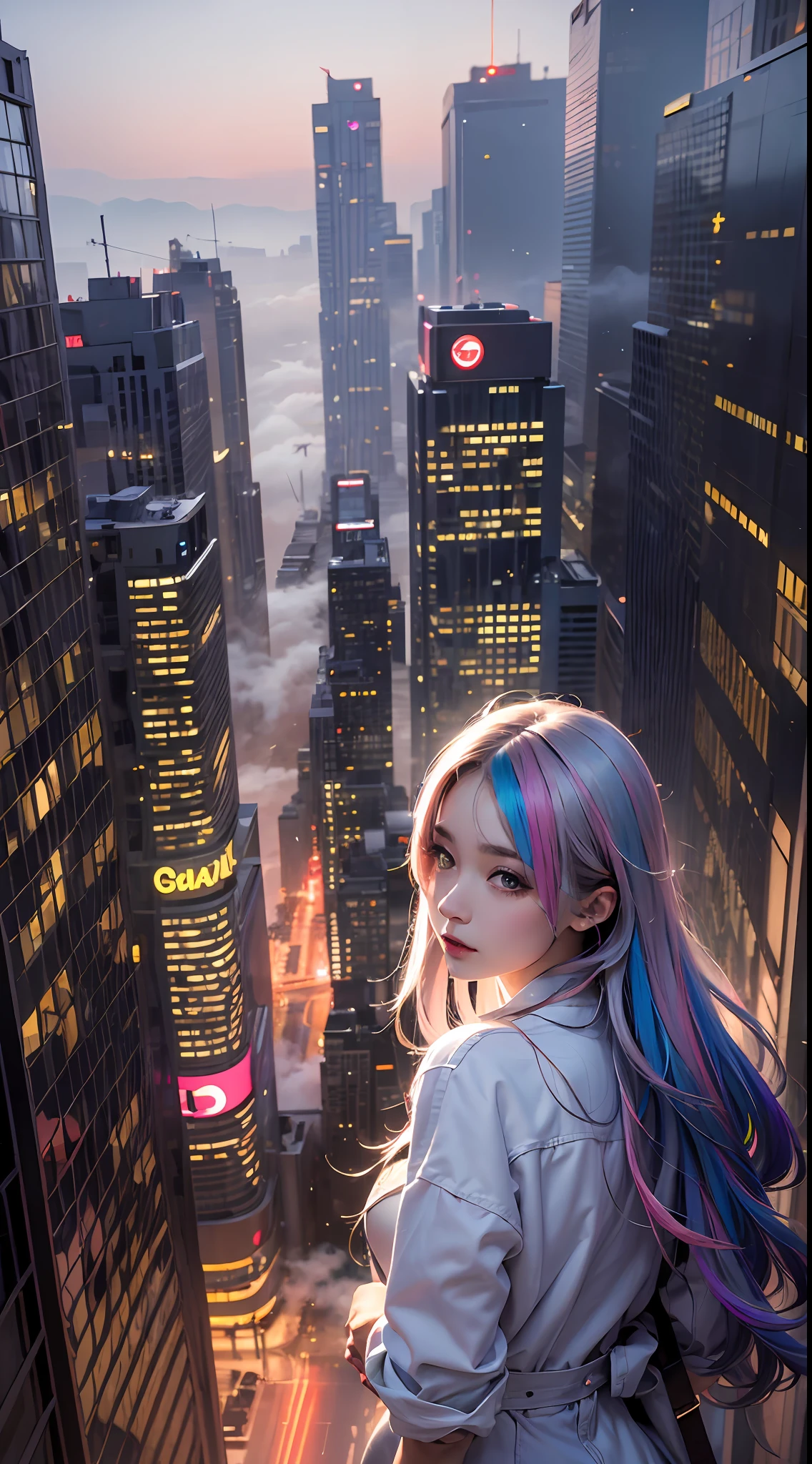 (masterpiece, high quality, highres,illustration), 1girl, galaxy multicolored hair in New york city at night with orange fog, cybercity,
