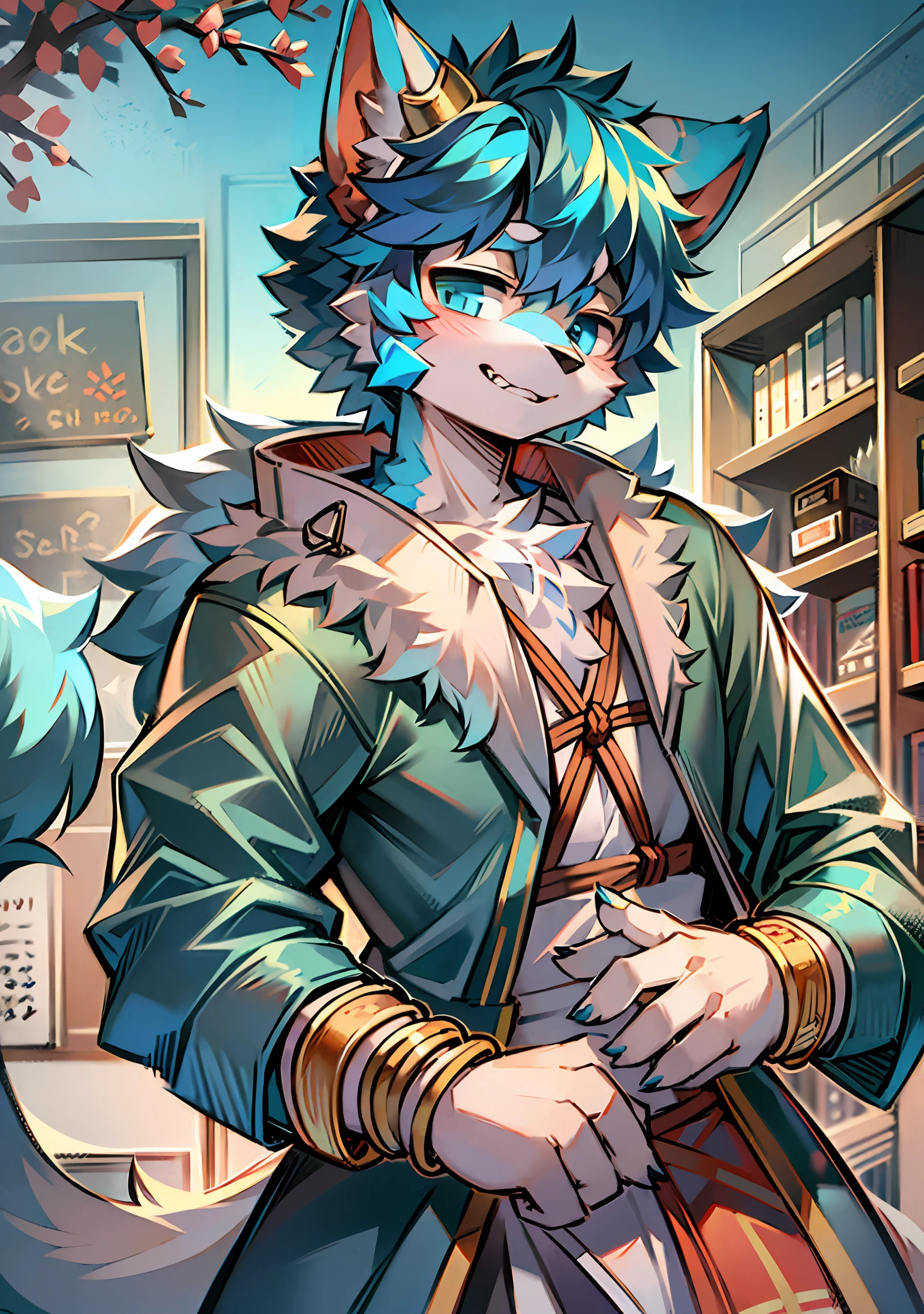 eyes with brightness,Bust photo of the character,Q version，头像框， Character focus，独奏, shaggy, Furry male wolf, Light blue fur for men, Sky blue eyes, Pale blue hair(Curta）Shotai style，Little cute， Will sell moe，wearing a hanfu，On the left hand, he wears a bracelet woven with multicolored rope，Wolf ears，Wolf tail