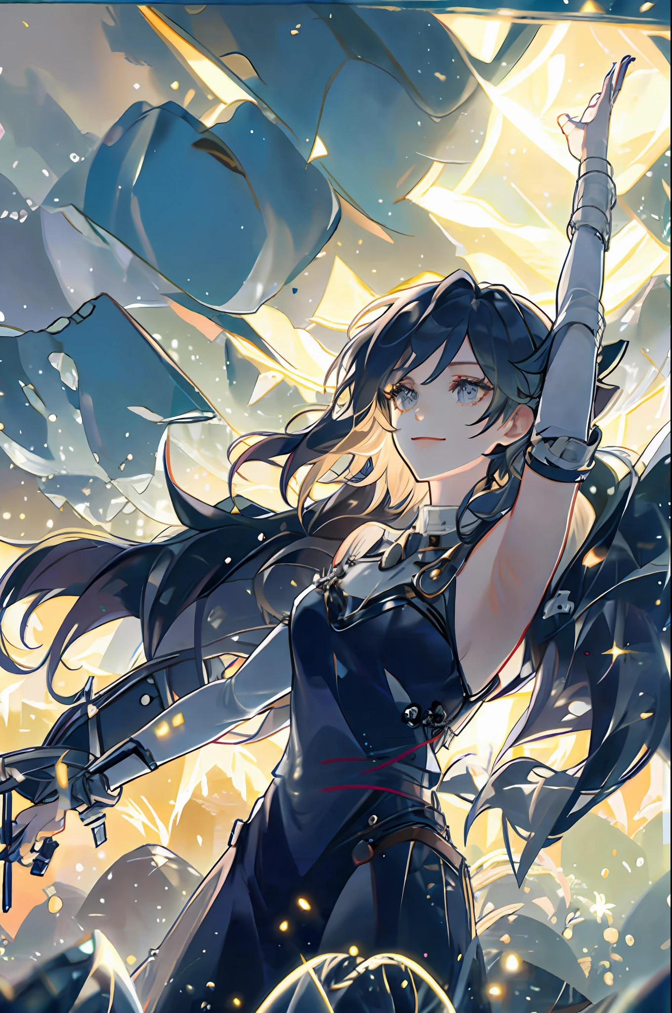 starrysky,grassy fields,The long-haired girl was happy with her arms open