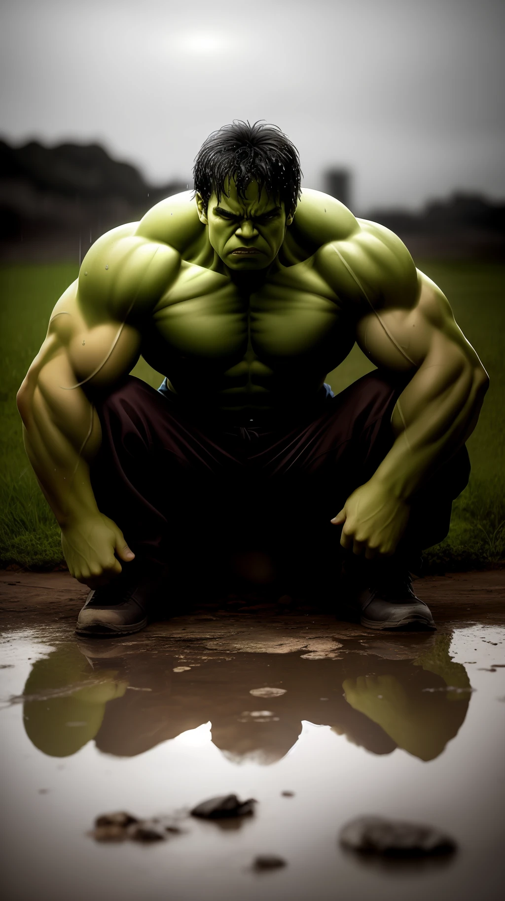 Hulk sitting on the ground, in worn and very old clothes, negative mood, guilt, heavy rain, soft particles, in the evening, wet reflective earth, artistic image, against the background of a battlefield, closeup
