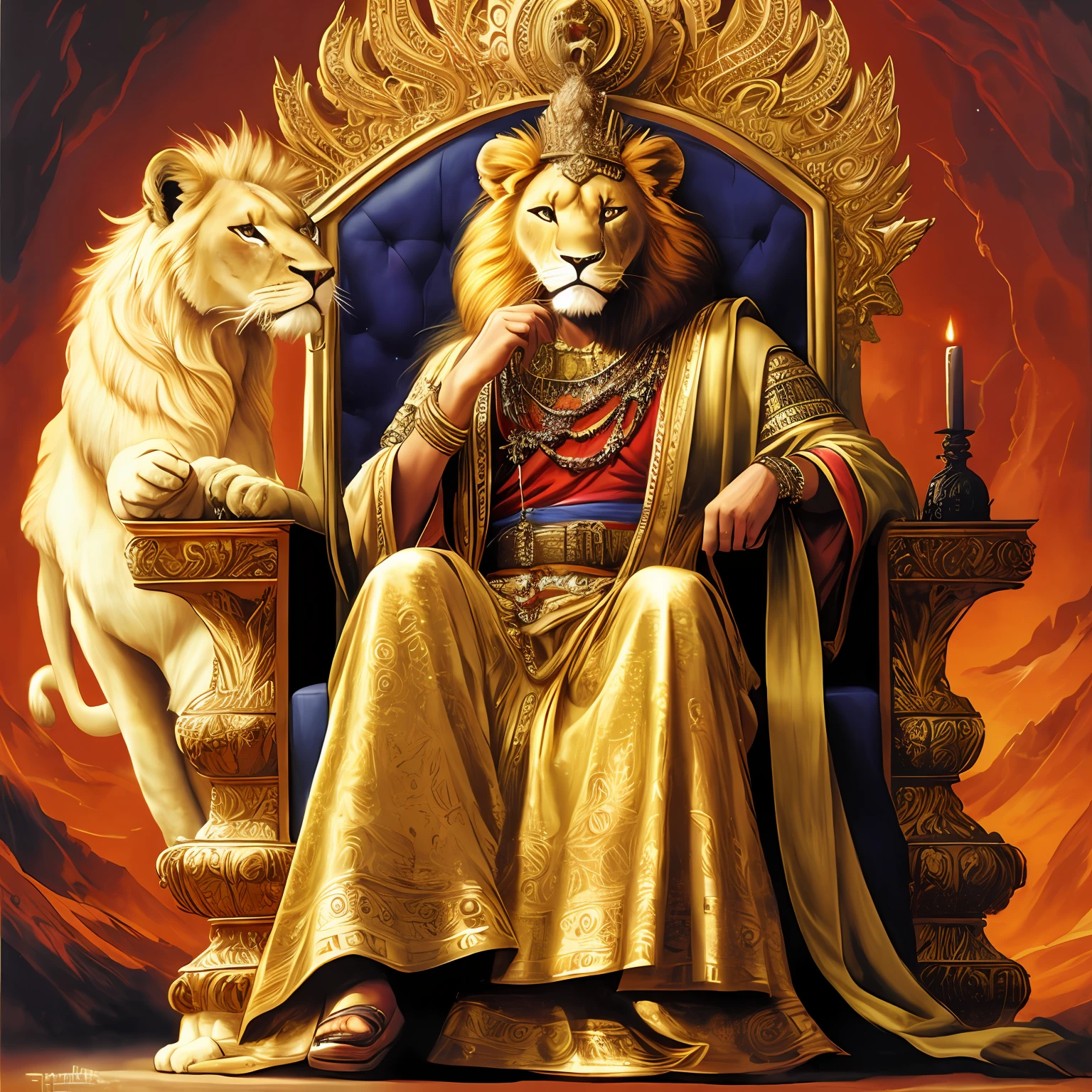 A robust mascular man, lion face, gold ornaments, ancient indian clothing, fierce looking, sitting on a golden throne, by Luis royo,Frank frazetta, Boris vellejo