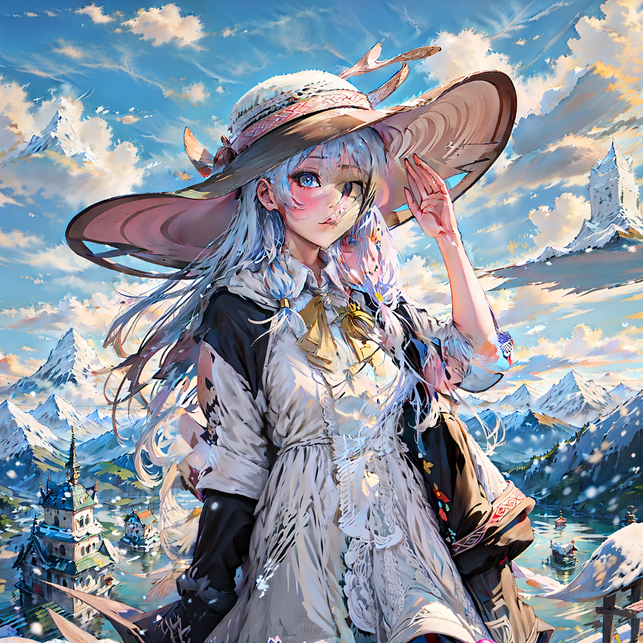 Straw Hat Hat，snow mountains，shift dresses，​​clouds，lake