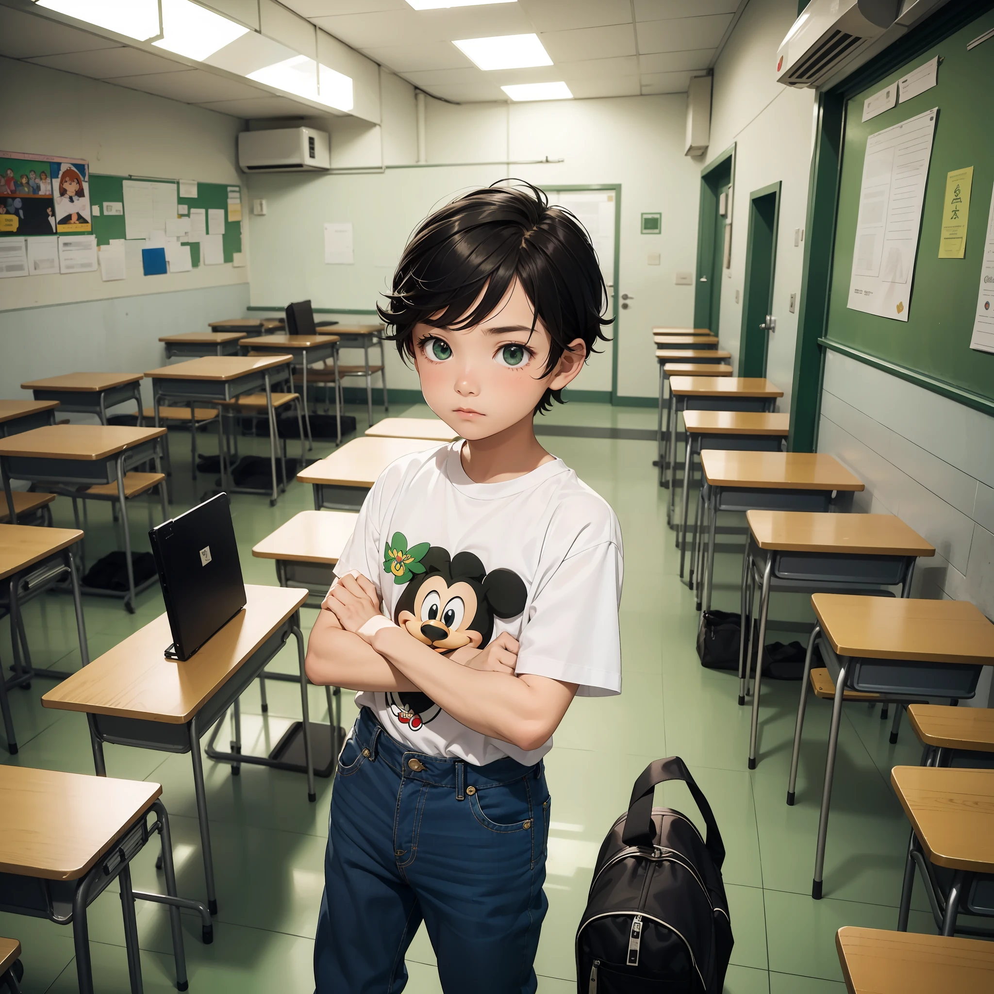 menino, 8 anos, triste, cabelos negros, olhos castanhos, alegres e marcantes, vestido com bermuda jeans, Camiseta Verde, vestindo uniforme escolar, ao fundo um sala de aula  estilo cartoon, estilo personagens Disney, Imagem de melhor qualidade --auto