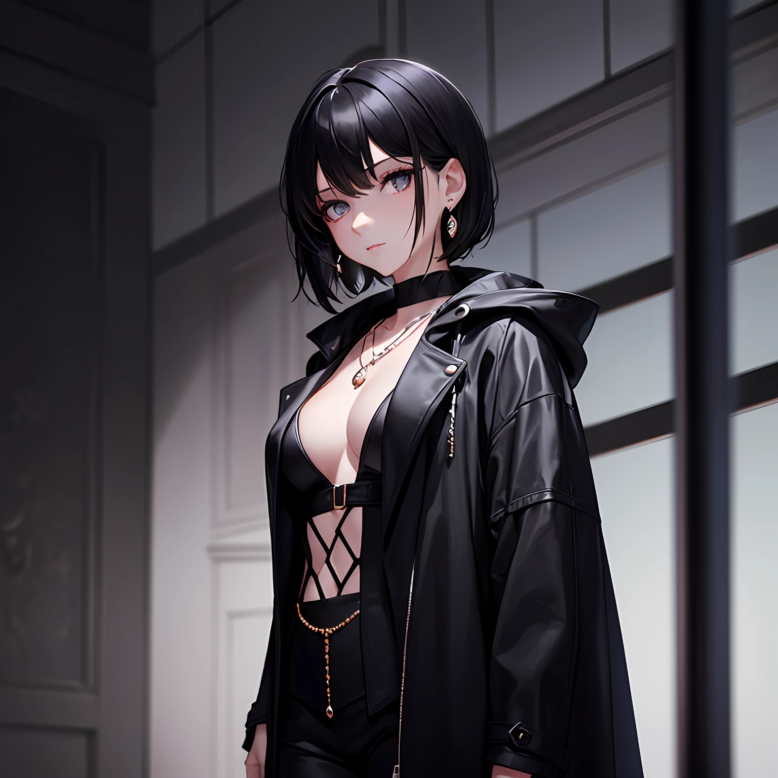 1girl, Lira, dark young woman, 25 yo, night-black hair, short hair, soft hair, smooth hair, pale skin, gray eyes, detailed eyes, perfect eyes, perfect anatomy, alone, necklace, earring, (wears a black overcoat), enigmatic and seductive, standing in front a catle